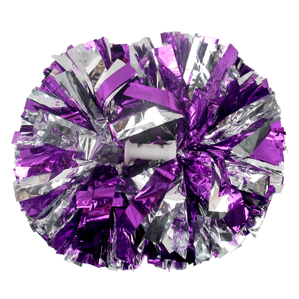 Hooshing 2Pcs Cheerleading Pom Poms Metallic Purple And Silver Cheer Pompoms With Baton Handle For Team Spirit Sports Dance Chee