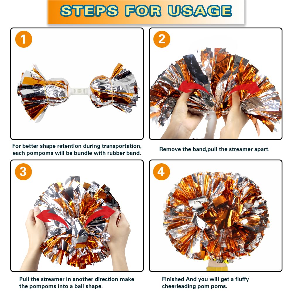 Lovecheer 2Pcs Orange And Silver Cheer Pom Poms Metallic Pom Poms Cheerleading With Handle For Sports Team Spirits Cheerleader D