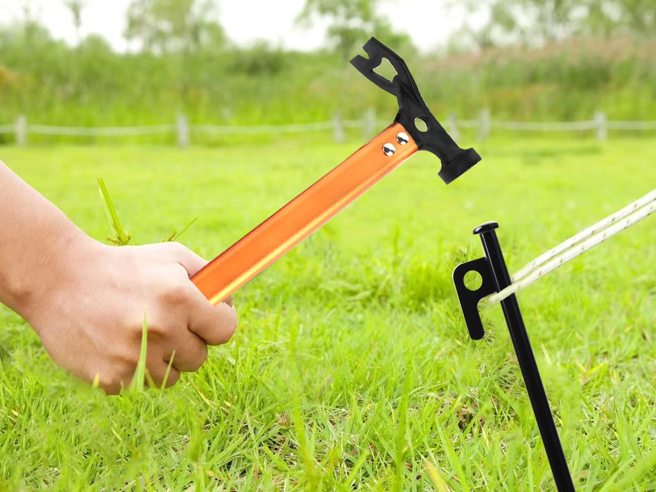 Carbon Steel Aluminum Camping Hammer, 12 Small Lightweight Three-In-One Functional Tent Stake Hammer For Hiking Kit Orange