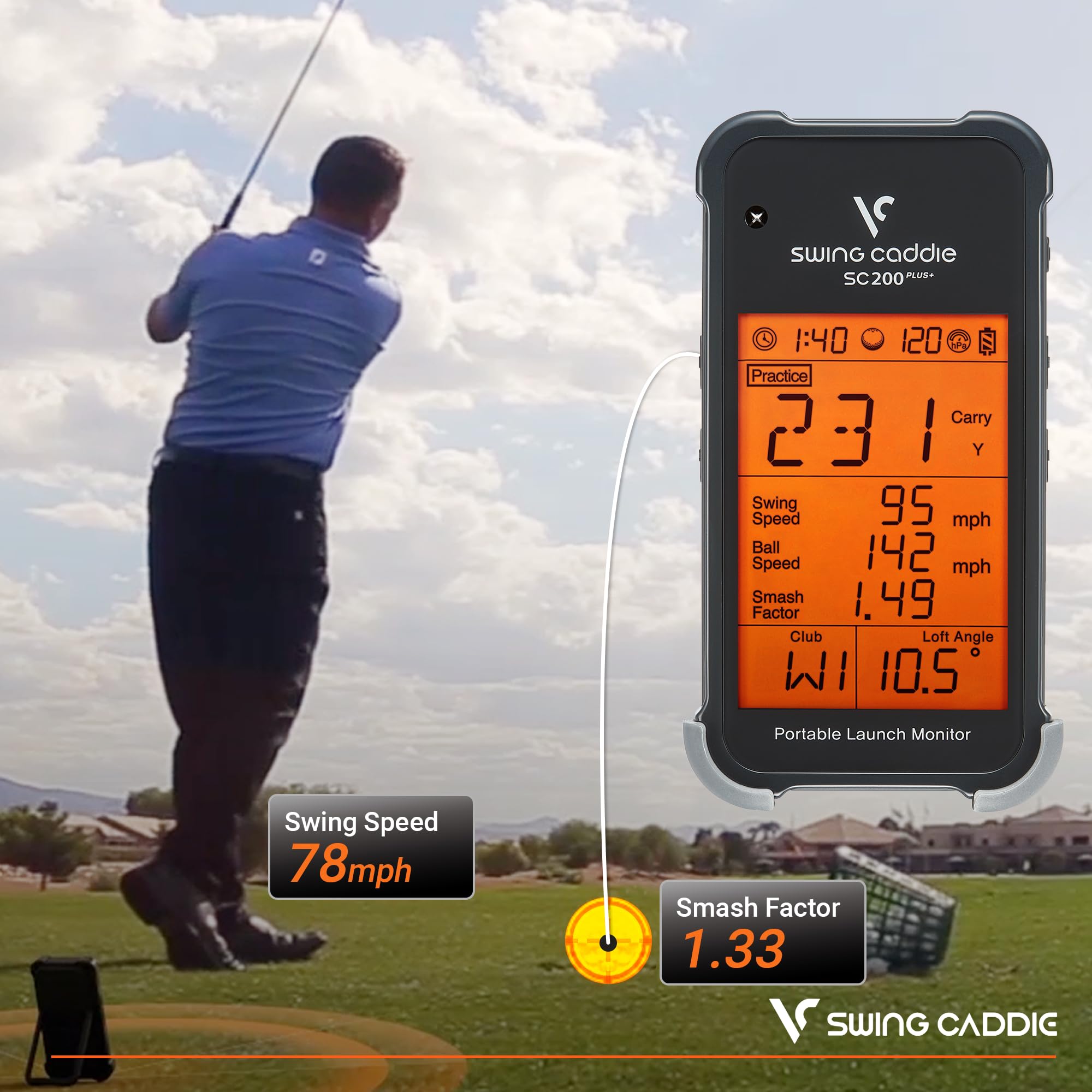 Voice Caddie Sc200Plus Portable Golf Launch Monitor And Swing Analyzer With Real-Time Shot Data Tracking - 12-Hour Battery Life