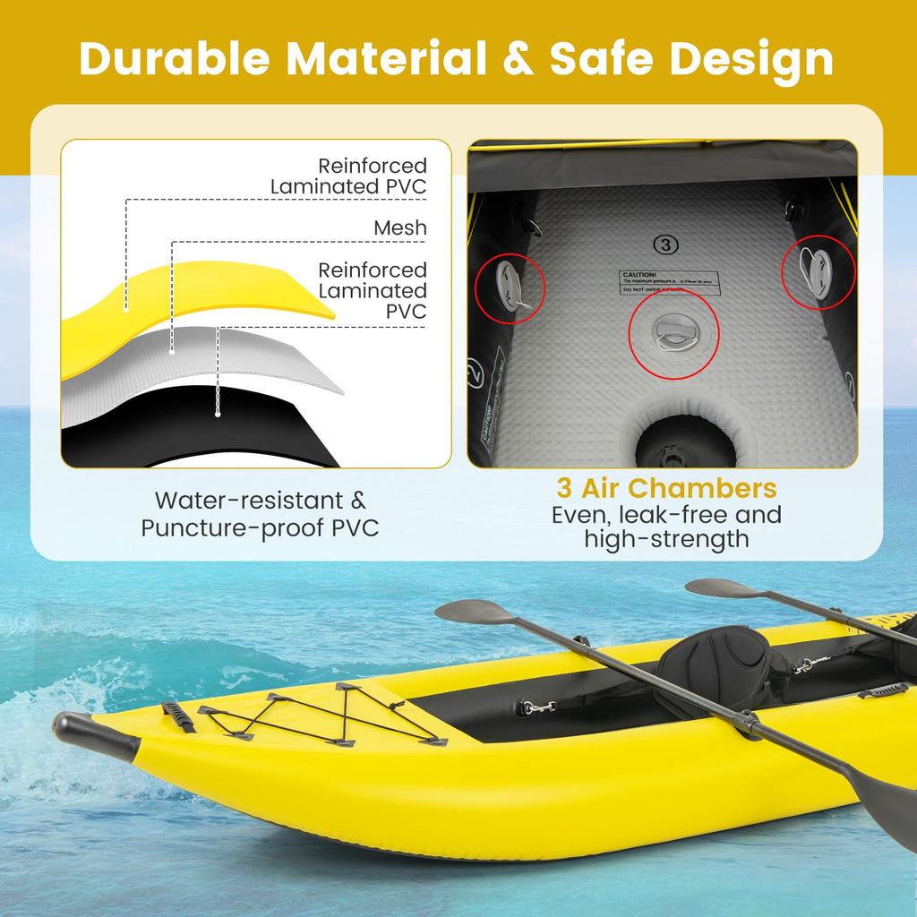Gymax Inflatable Kayak, 12.5Ft 507Lbs Tandem Kayak With 2 Aluminum Paddles, 2 Padded Seats, 2 Fins, Hand Pump, Carry Bag & Repai