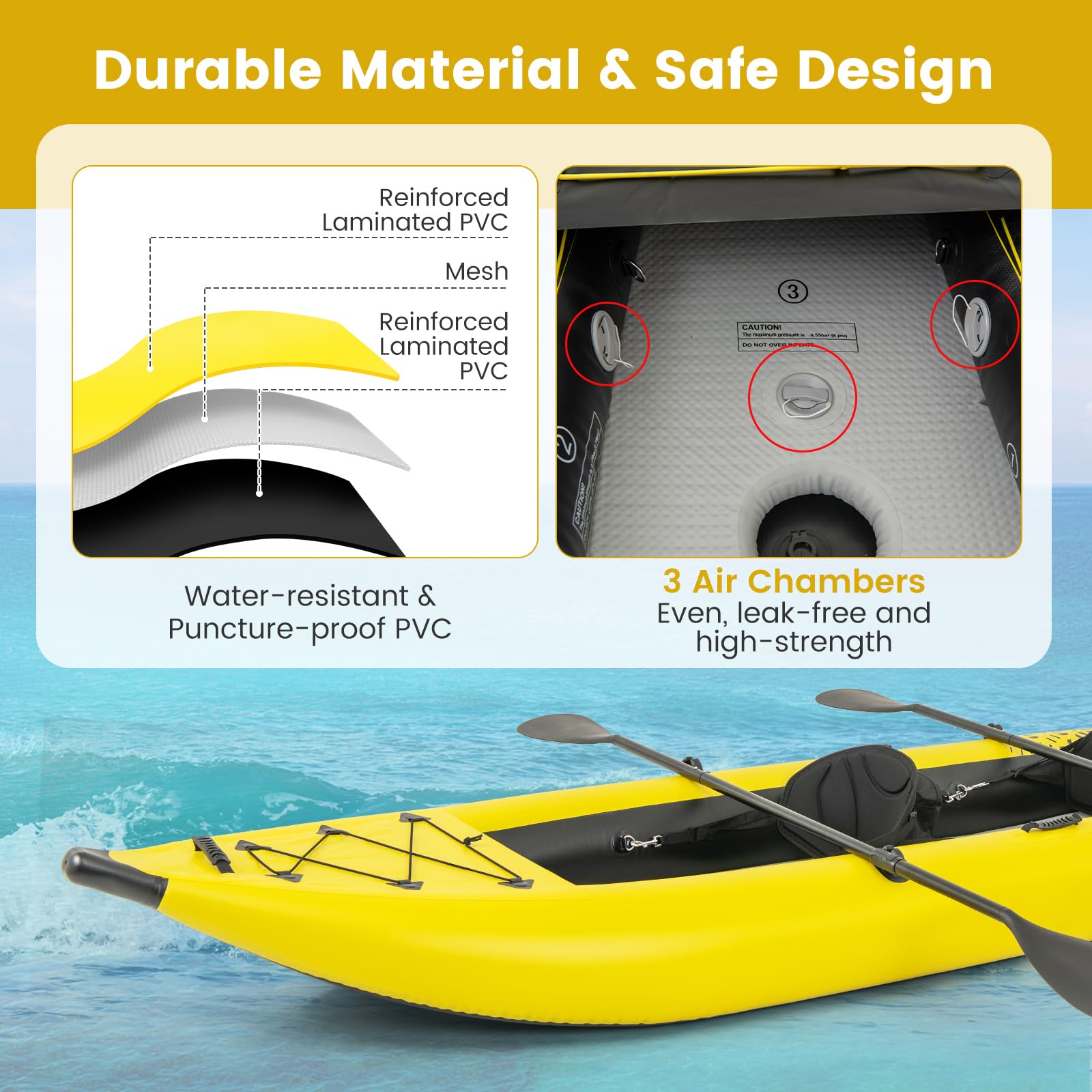 Gymax Inflatable Kayak, 12.5Ft 507Lbs Tandem Kayak With 2 Aluminum Paddles, 2 Padded Seats, 2 Fins, Hand Pump, Carry Bag & Repai