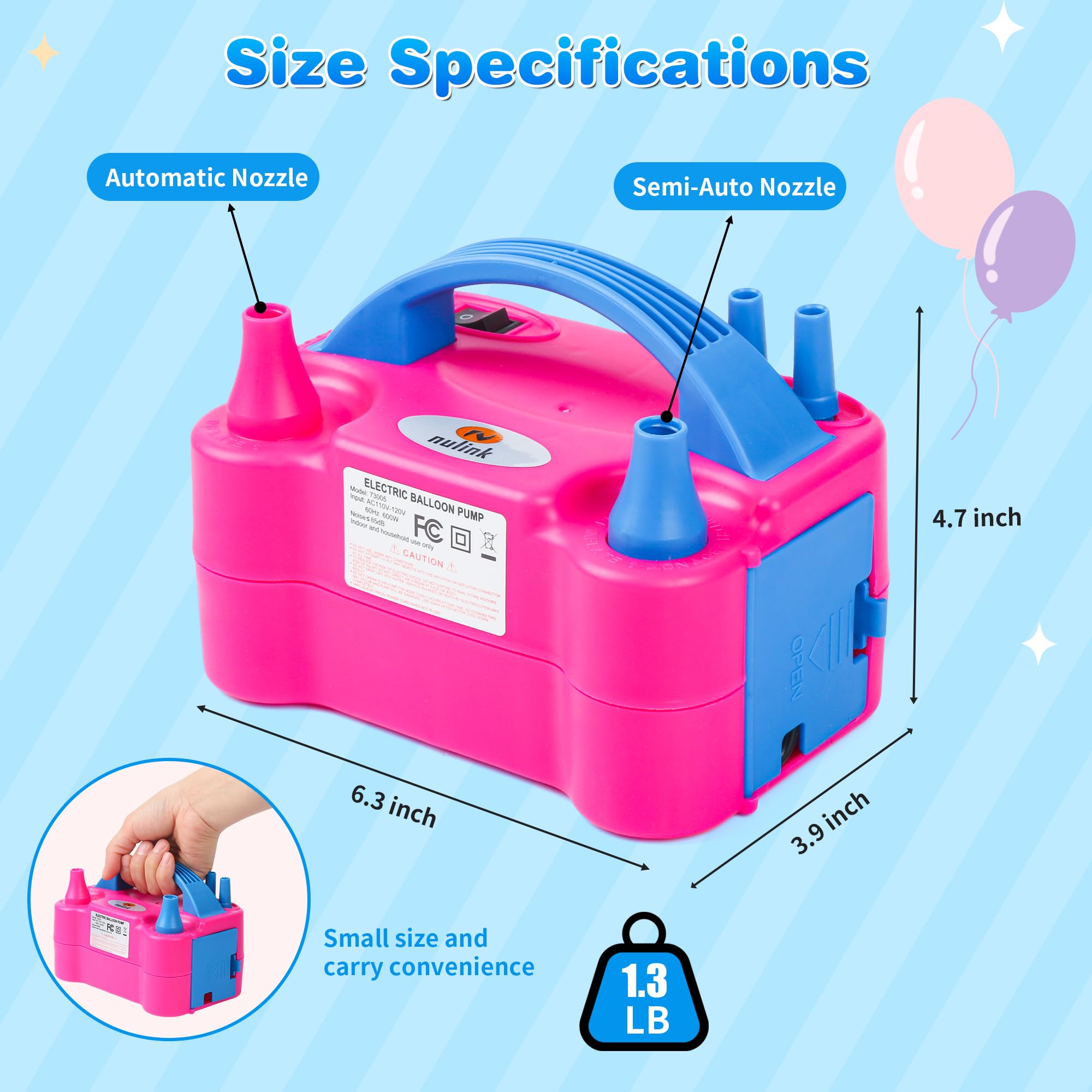 Nulink Electric Portable Dual Nozzle Balloon Blower Pump Inflation For Decoration, Party [110V~120V, 600W, Rose Red]