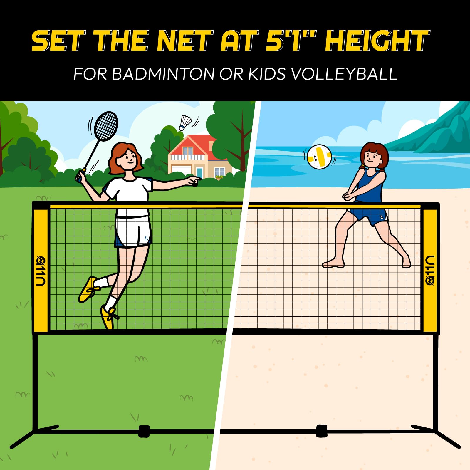 A11N 14Ft Badminton Pickleball Net - Height Adjustable For Junior Tennis, Soccer Tennis & Kids Volleyball - Portable For Indoor