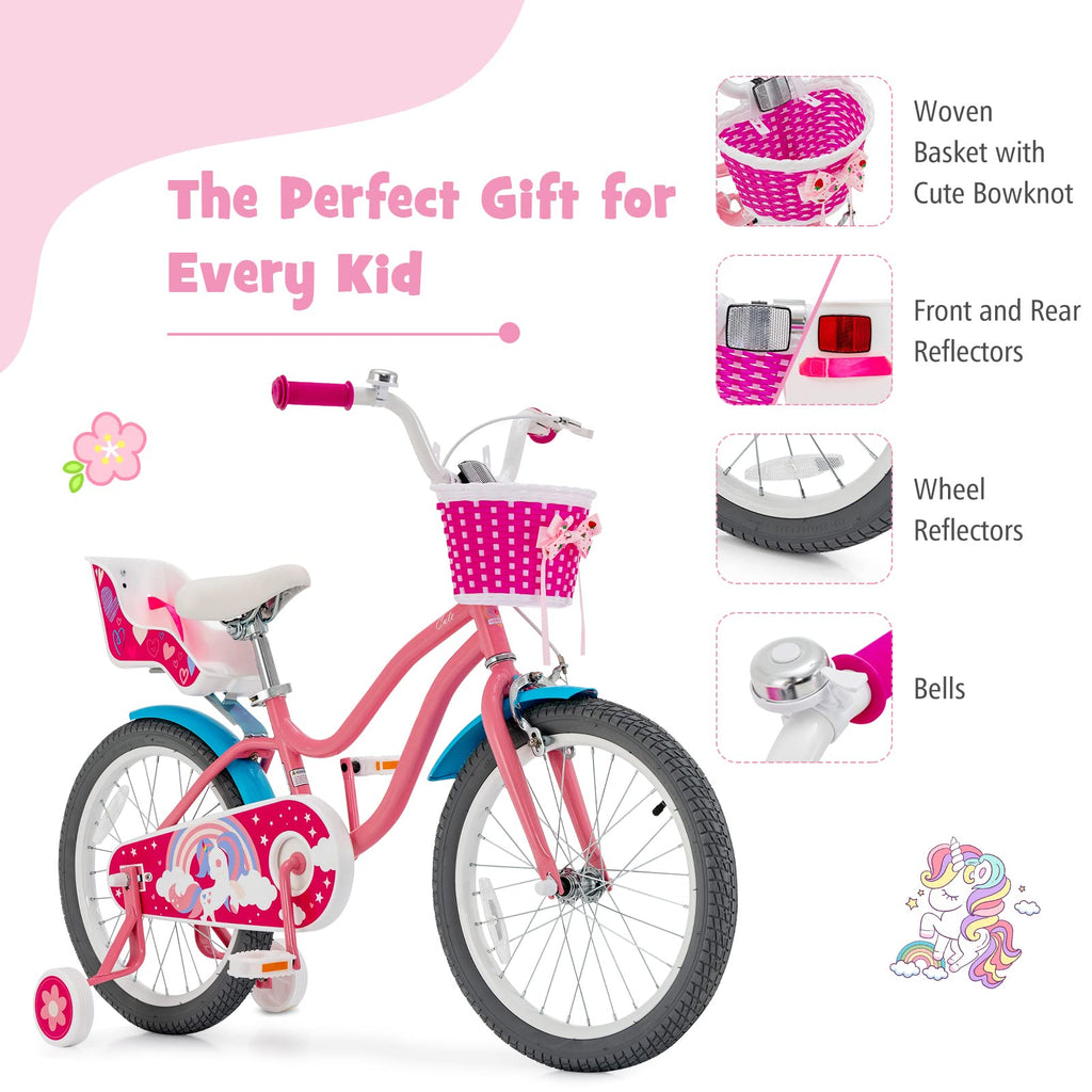 Baby Joy Kids Bike, 18 Inch Kids Bicycle W/Training Wheels, Adjustable Seat Handlebar Height, Storage Basket, Doll Seat, Handbra
