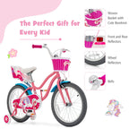 Baby Joy Kids Bike, 18 Inch Kids Bicycle W/Training Wheels, Adjustable Seat Handlebar Height, Storage Basket, Doll Seat, Handbra