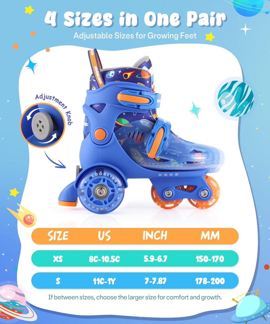 Kids Roller Skates for Beginners - ZOOBLISS Toddler Roller Skates for Boys Ages 3-7 with Light-Up Wheels & 4 Adjustable Sizes, T