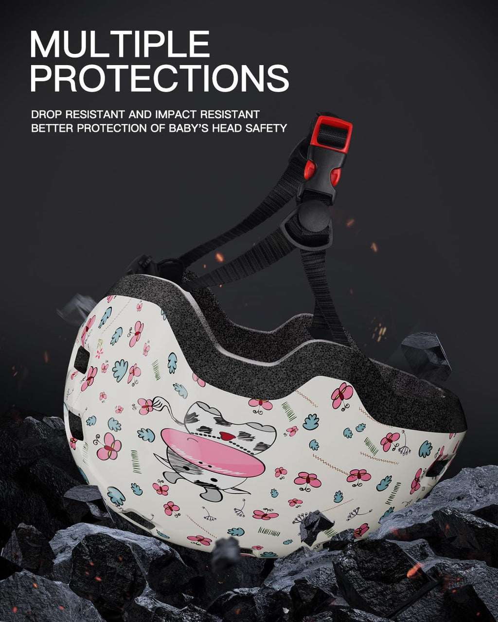 Toddler Bike Helmet 1-3 Years Old- with 12 Vents & Dual Liner (0.16+0.28) - Adjustable Dial Fit (45-51cm) (XS,Cow)
