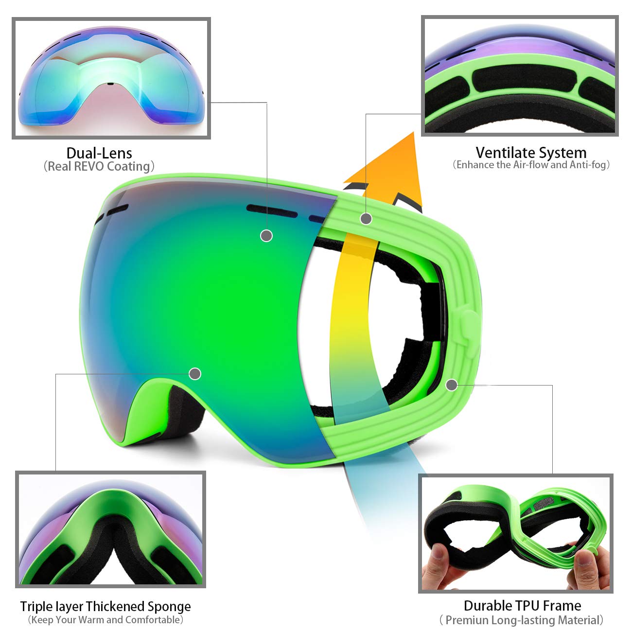 Juli Kids Ski Goggles,Interchangeable Double Layer Spherical Lens,Otg Anti-Fog Snowboard Skate Snow Goggles Age 4-16 4300(Green)