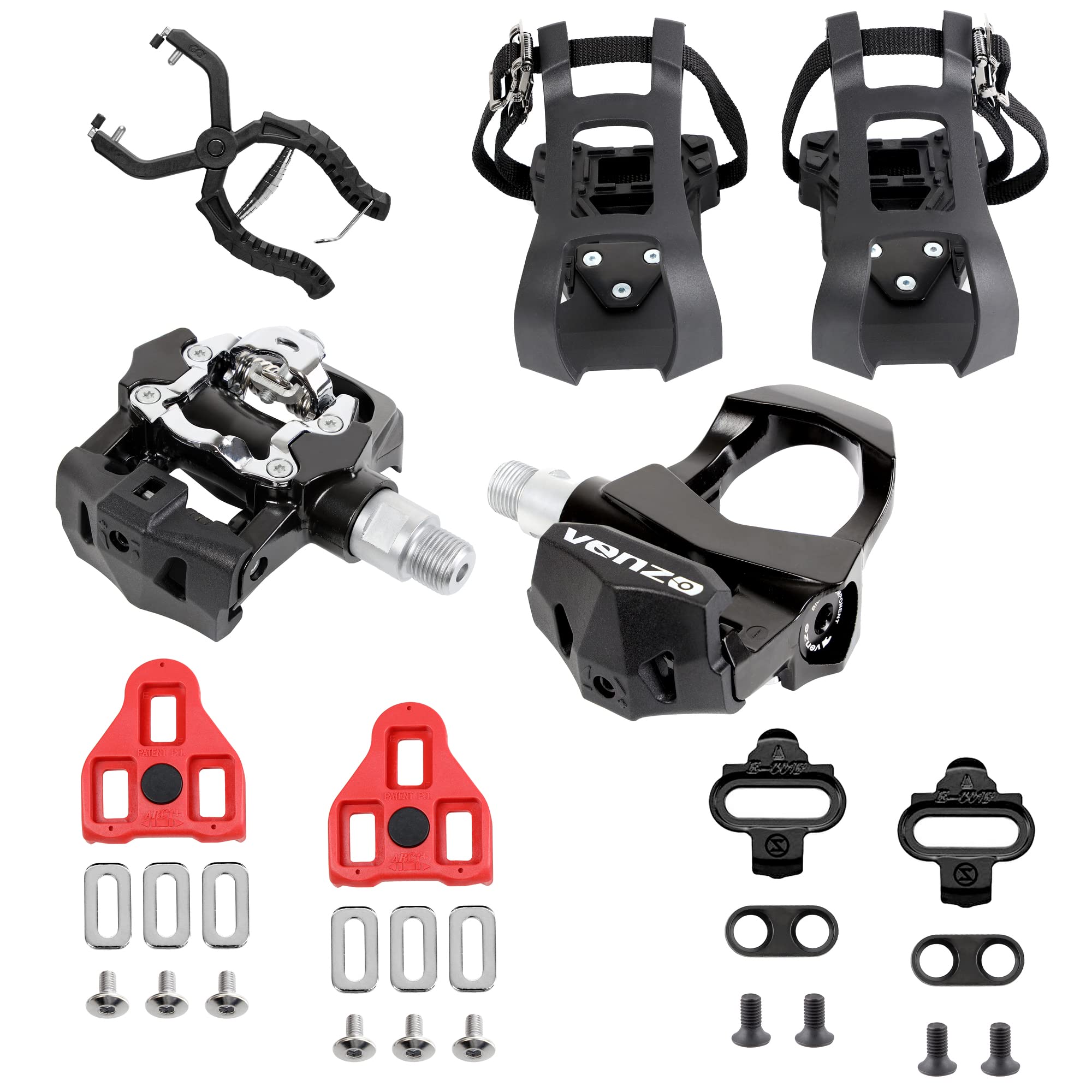 Venzo 4 in 1 Compatible with Peloton, Look Delta & Shimano SPD, Toe Cages Pedals Set with Cage Removal Tool - 9/16    Heavy Duty