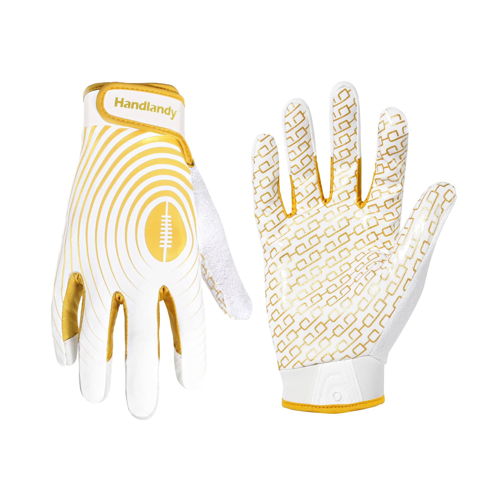HANDLANDY Kids Football Gloves, Sticky Wide Receiver Gloves for Youth, White and Gold Stretch Fit Football Glove (White and Gold