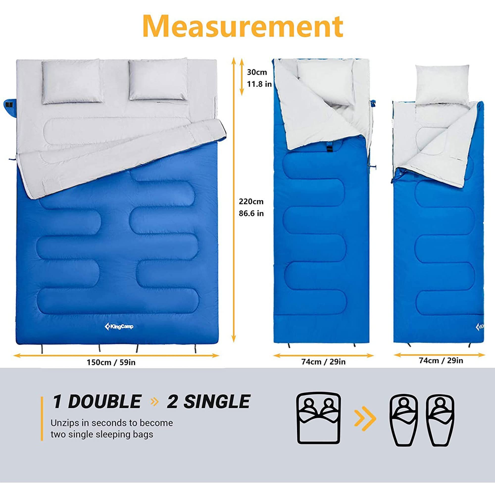 Kingcamp 87 X 59 Inch 2 Person 20 Degree Lightweight Waterproof Couple Family Sleeping Bag With 2 Pillows For Camping, Hiking, &