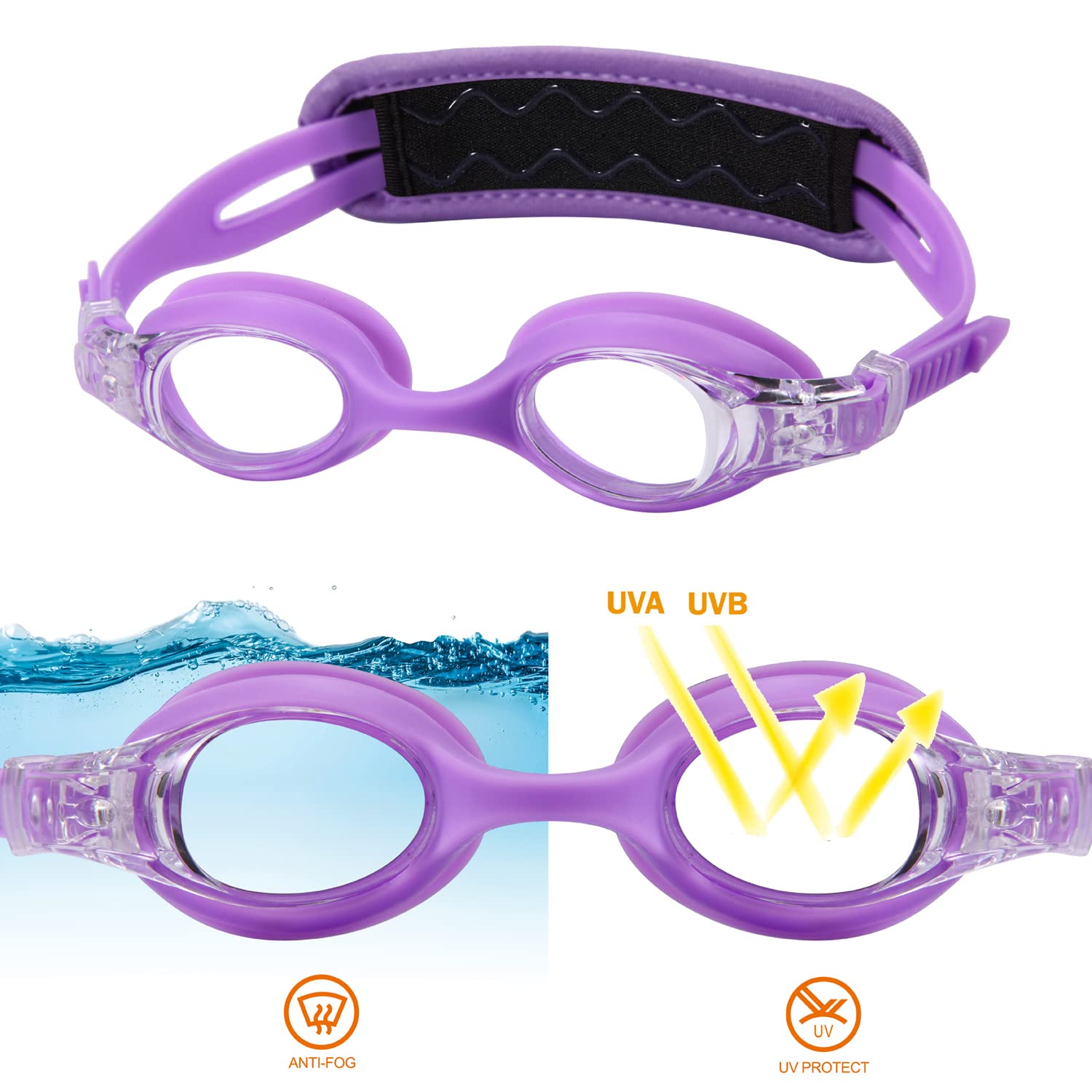 Ruigao Kids Swim Goggles Age 2-6, Toddler Goggles No Hair Pull,Child Goggles Padded Headband (1Pk Kids - Purple Princess)