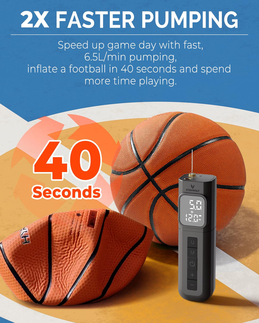 ETENWOLF P200 Electric Ball Pump 2000mAh Sports Air Pump with Digital Pressure Gauge for Basketball Soccer Volleyball (Black)