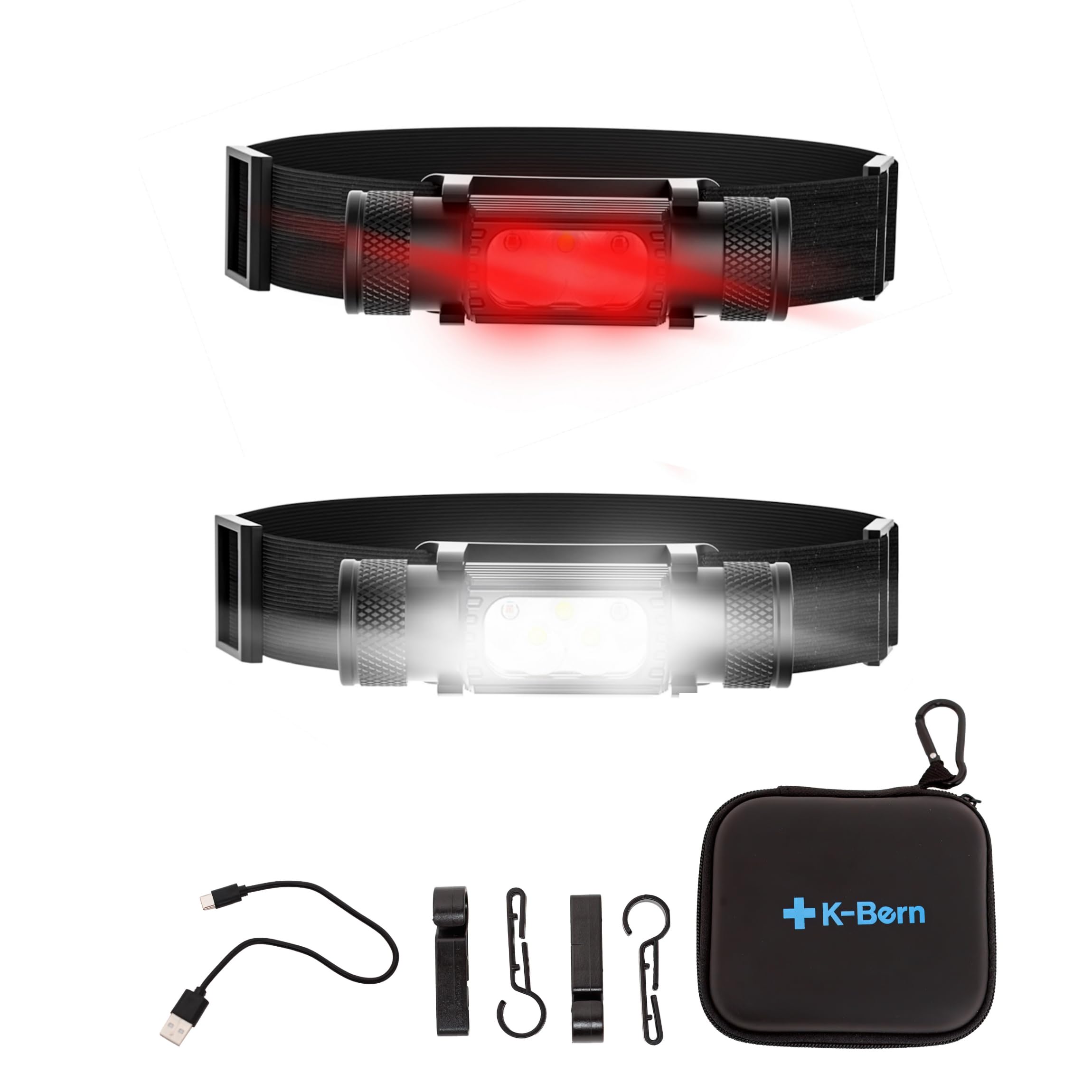 K-Bern Red & White Rechargeable Headlamp, 1500 Lumens, UL Approved 3500 mAh Battery, Ultra Bright Head Lights Waterproof, Lightw