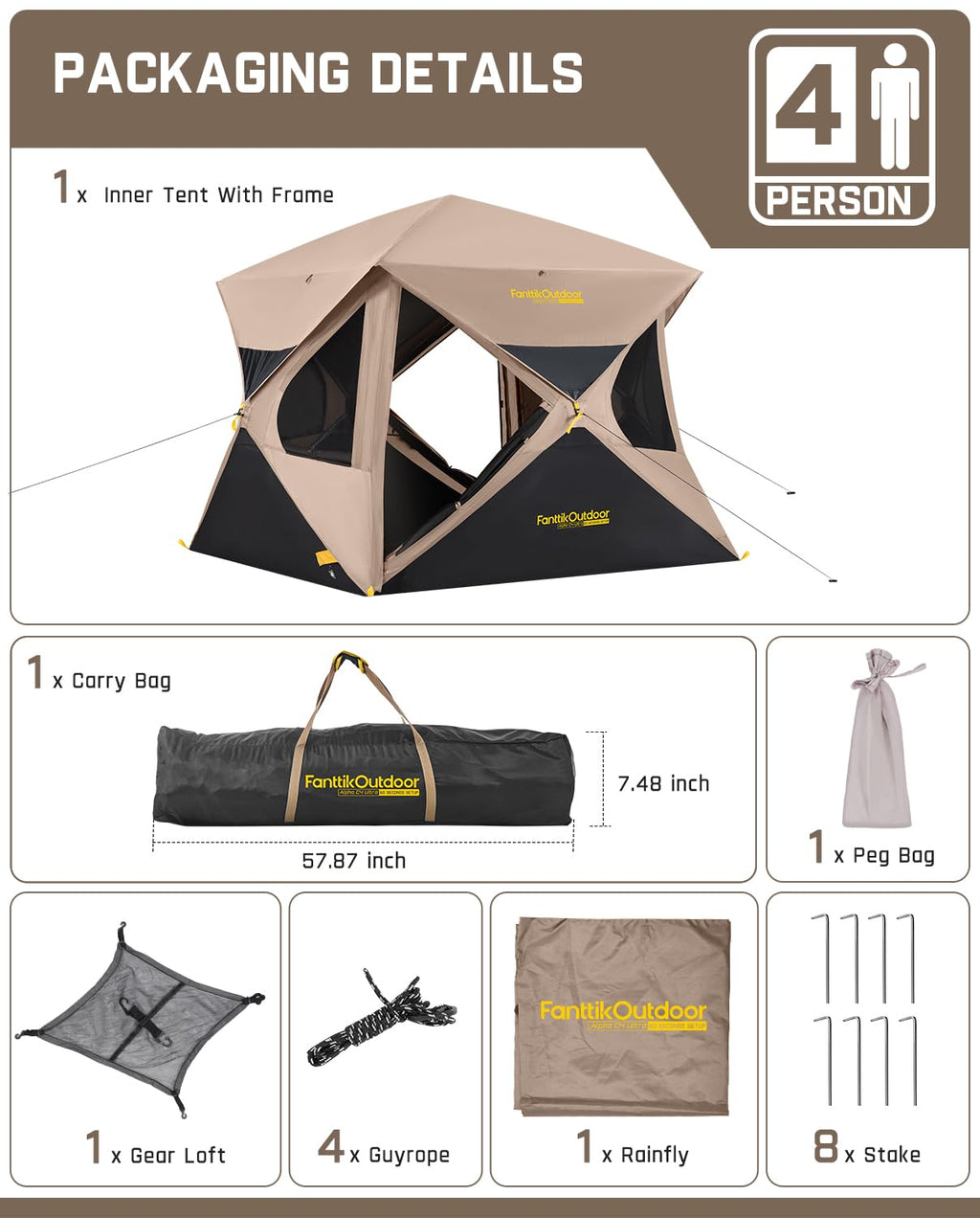 Fanttikoutdoor Alpha C4 Ultra Camping Tent 4 Person Pop Up Instant Cabin Setup In 60 Seconds Portable Hub Tent With Rainfly & Wi
