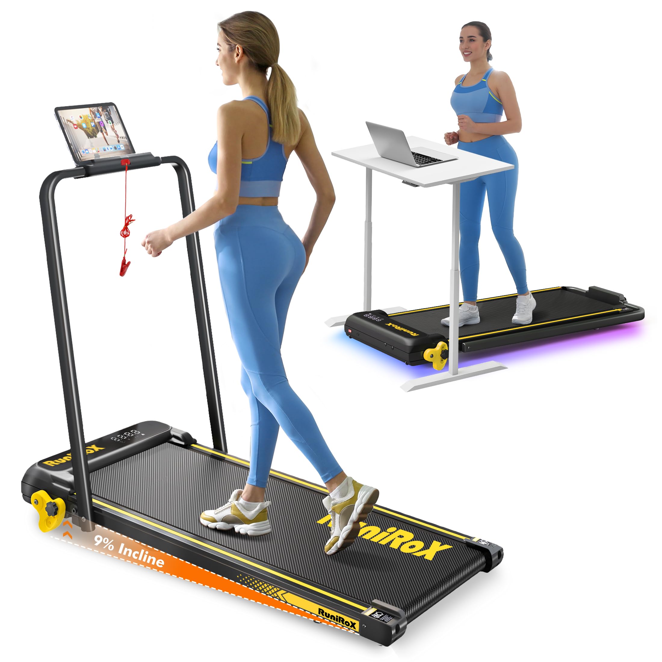 RuniRoX Walking Pad Treadmill with Incline, 3 in 1 Portable with Handle Bar and Lights, Under Desk for Home Office, with LED Dis