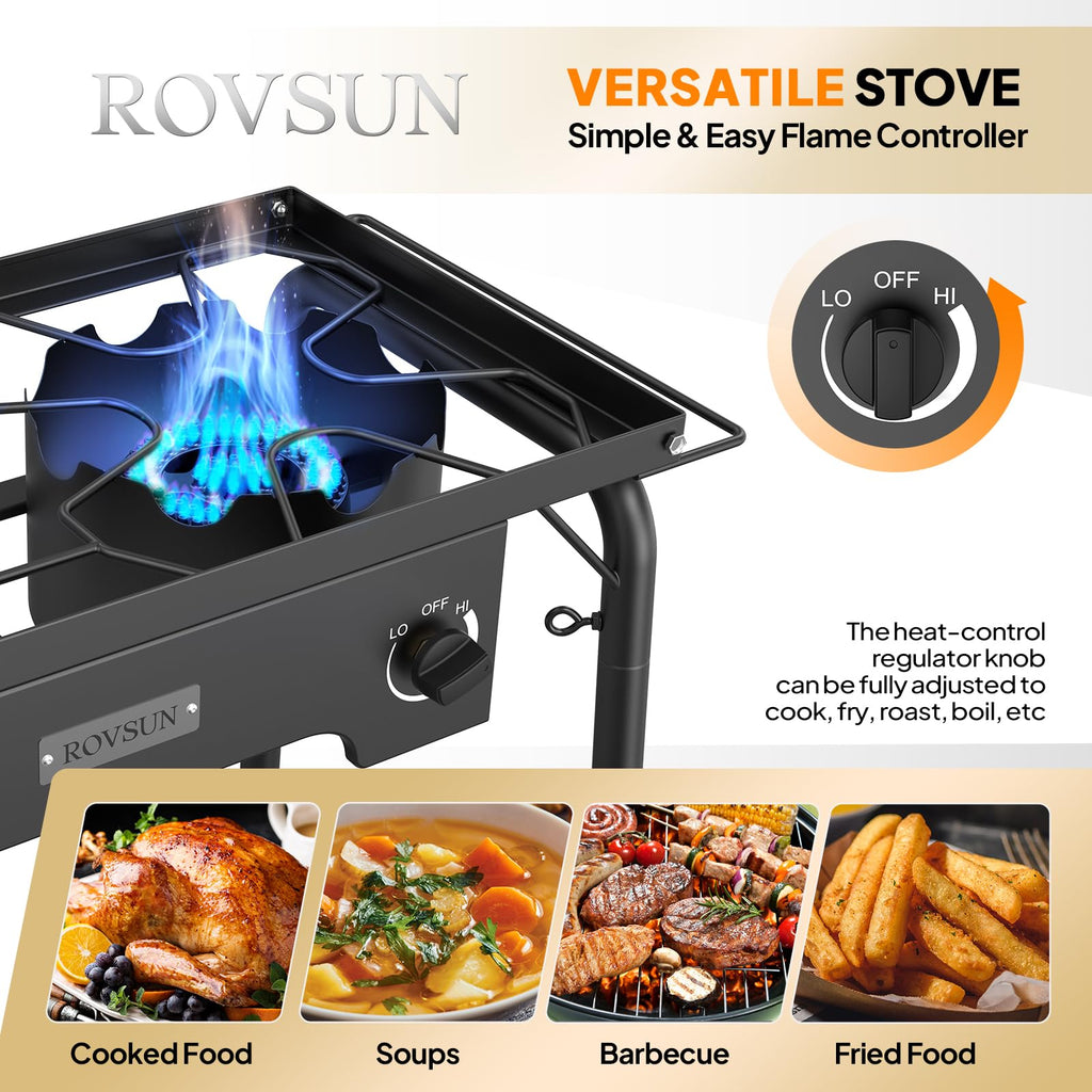Rovsun 2 Burner Gas Stove With Side Shelves, 150,000 Btu Portable Propane Stove With Removable Legs, Wind Panels & Regulator For
