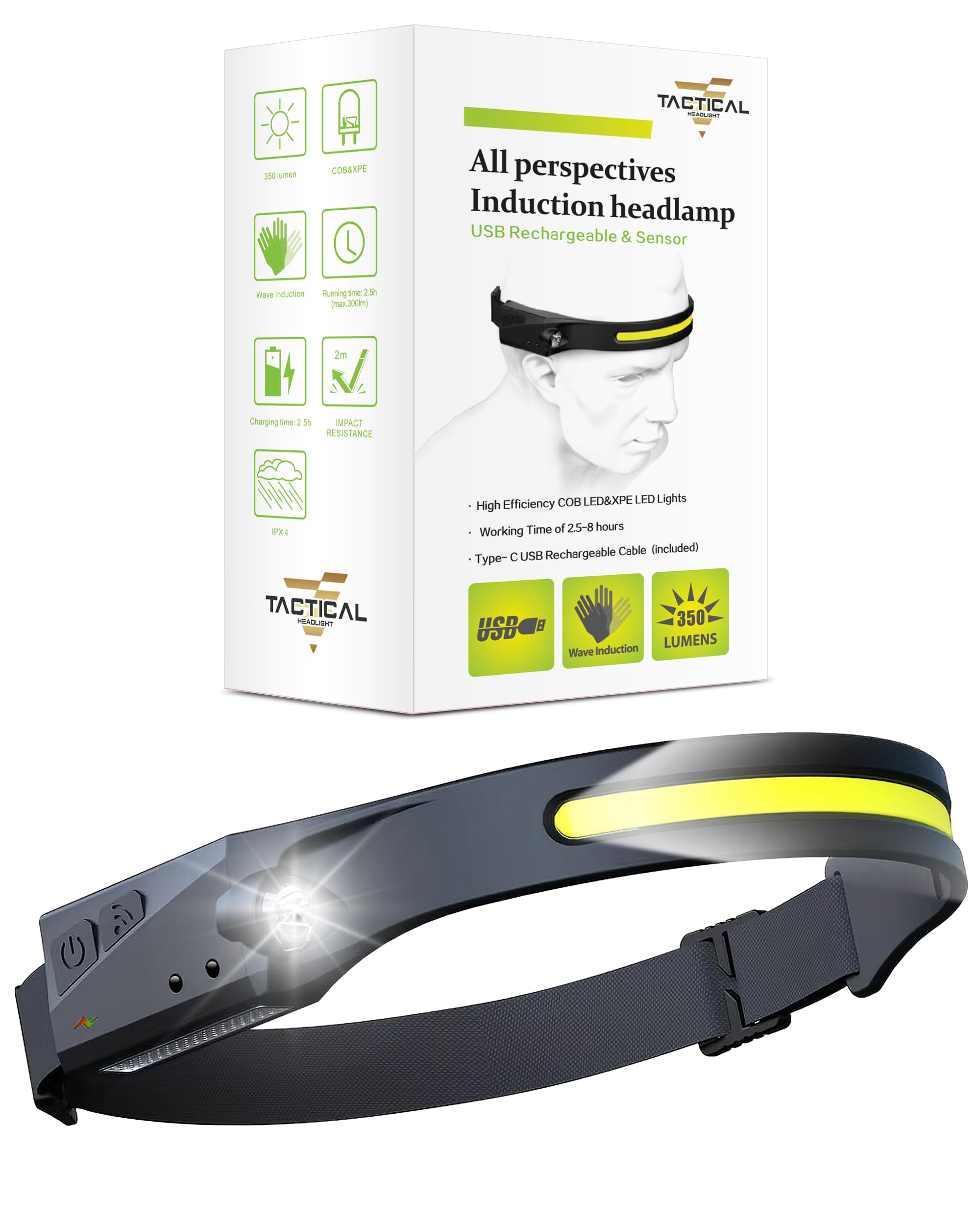 Tactical Headlight - 230 Wide Beam LED Tactical Headlamp, Rechargeable USB-C Headlight with Motion Sensor, 350 Lumens, IPX4 Wate