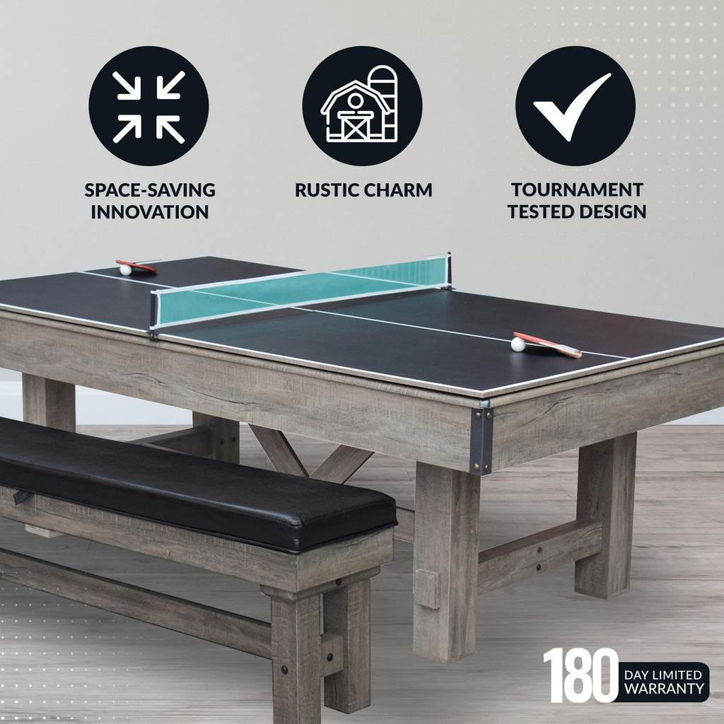 Hathaway Logan 7-Ft Pool Table Combo Set With Benches - Rustic Gray With Blue Felt, Barnwood