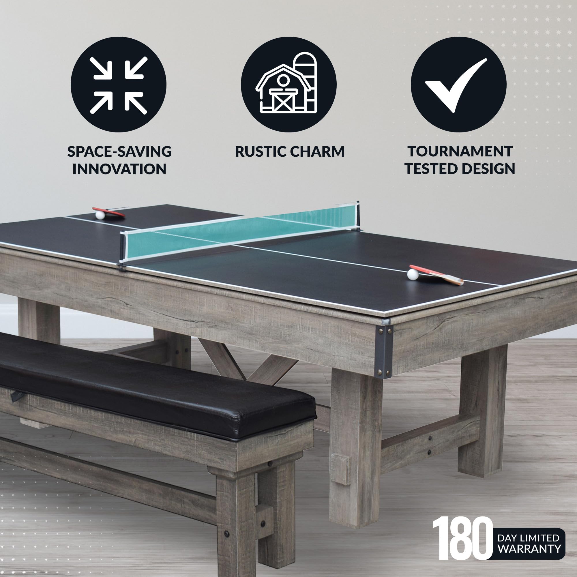 Hathaway Logan 7-Ft Pool Table Combo Set With Benches - Rustic Gray With Blue Felt, Barnwood