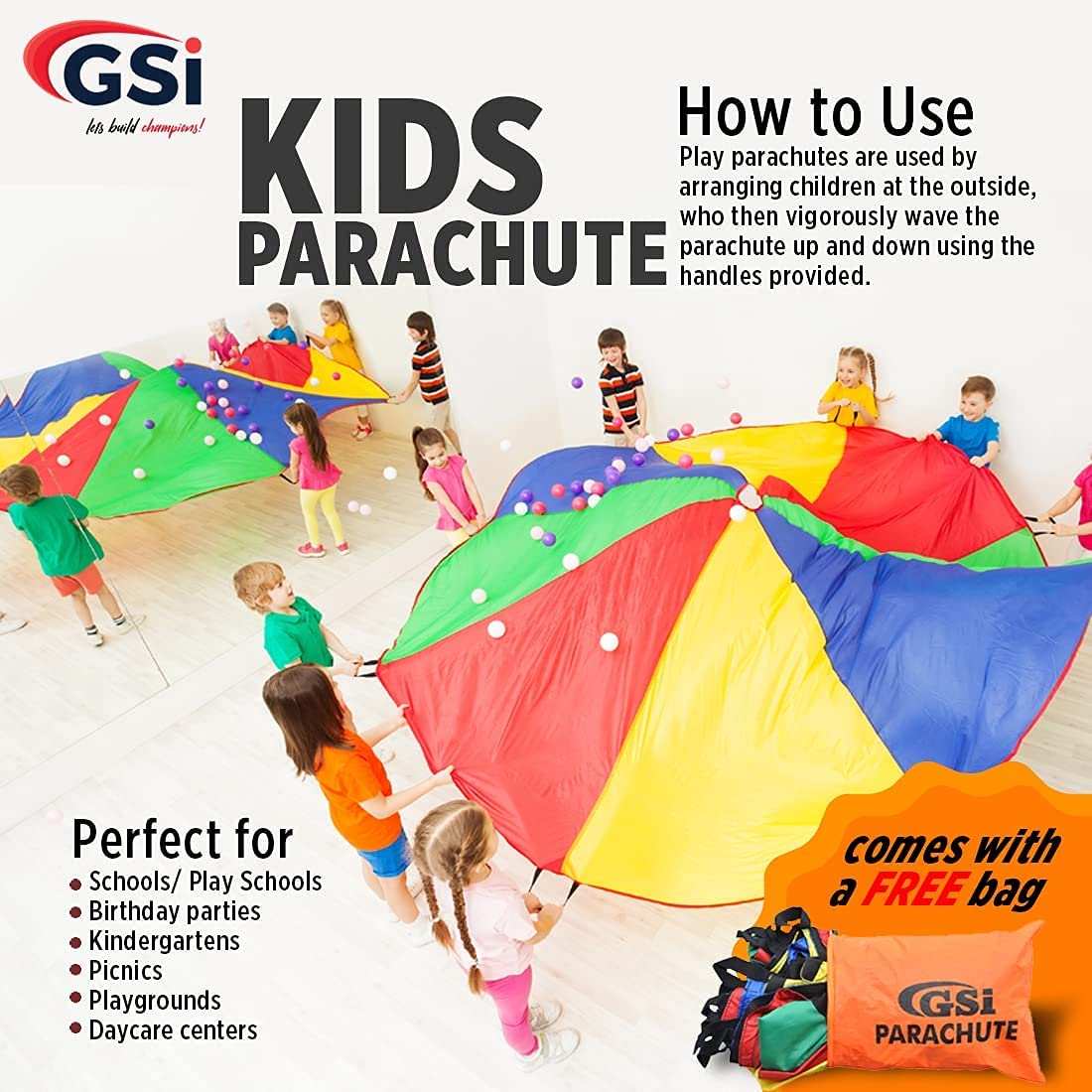 Gsi Kids Play Parachute Rainbow Parachute Toy Tent Game For Children Gymnastics Cooperative Play And Outdoor Playground Activiti