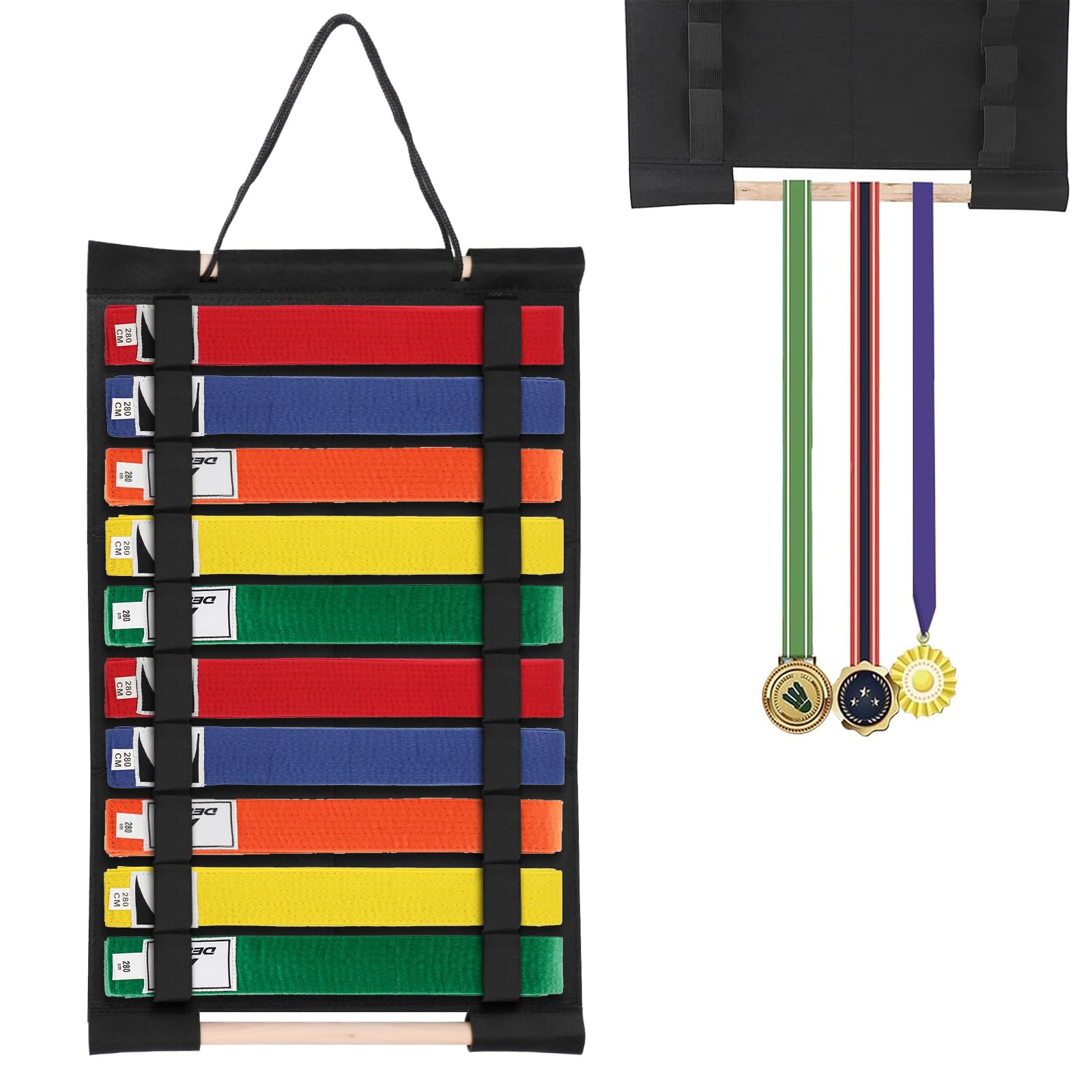 JUXYES Wall Hanging Martial Arts Belts Organizer for 10 Belts, Portable Karate Belt Display Holder with Medals Hanging Stick, Li