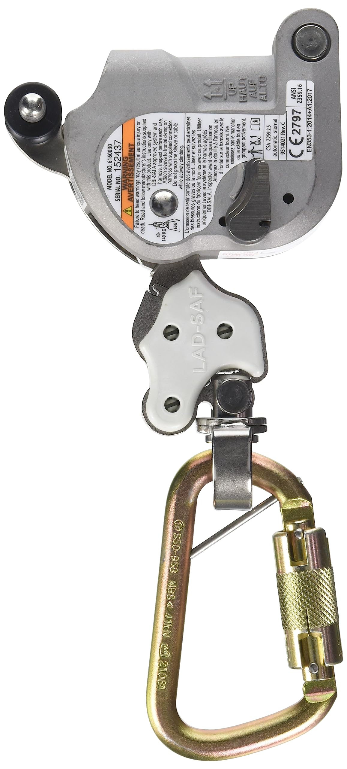 3M Dbi-Sala 6160030 Lad-Saf Sleeve With Carabiner, Cam And Inertial Locking Fits 3/8'''' And 5/16'''' Diameter, Silver