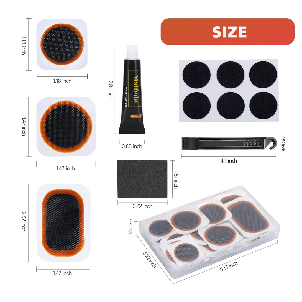 Bike Inner Tire Patch Repair Kit - With 11 Pcs Vulcanizing Patches, 6 Pcs Pre Glued Patchs, Portable Storage Box, Metal Rasp And