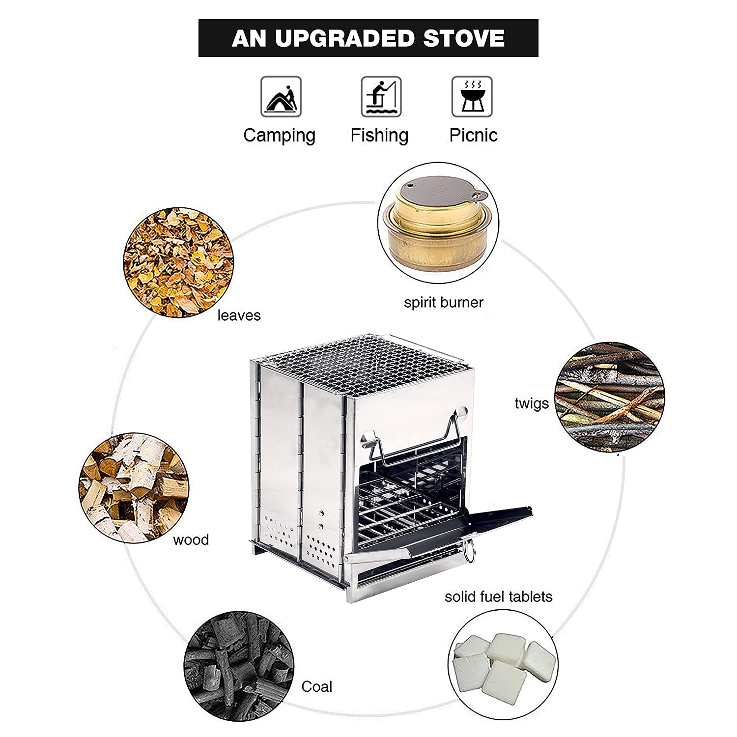 Redcamp Wood Burning Folding Camp Stove Stainless Steel Grid, Portable Collapsible Backpacking Stove Survival Rocket Stove For H