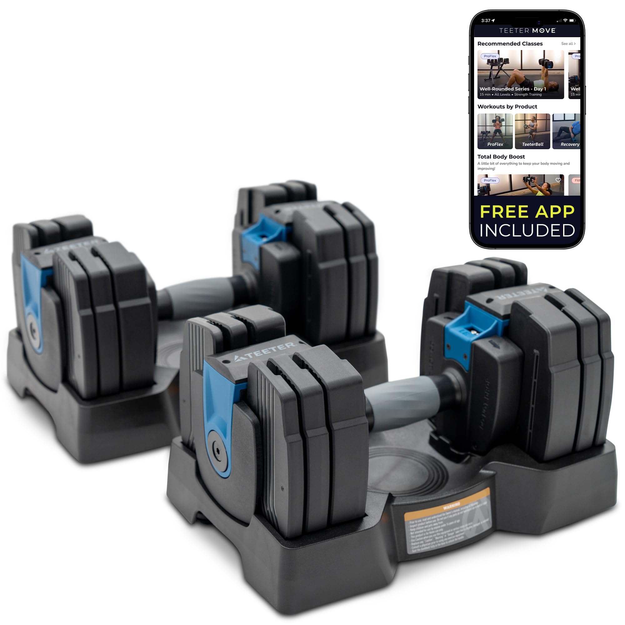 Teeter ProFlex 432 Adjustable Dumbbell Weight Set, 8 in 1 Free Weights 4 to 32lb, Quick-Set Grip Handles, Home Gym Space Saver (