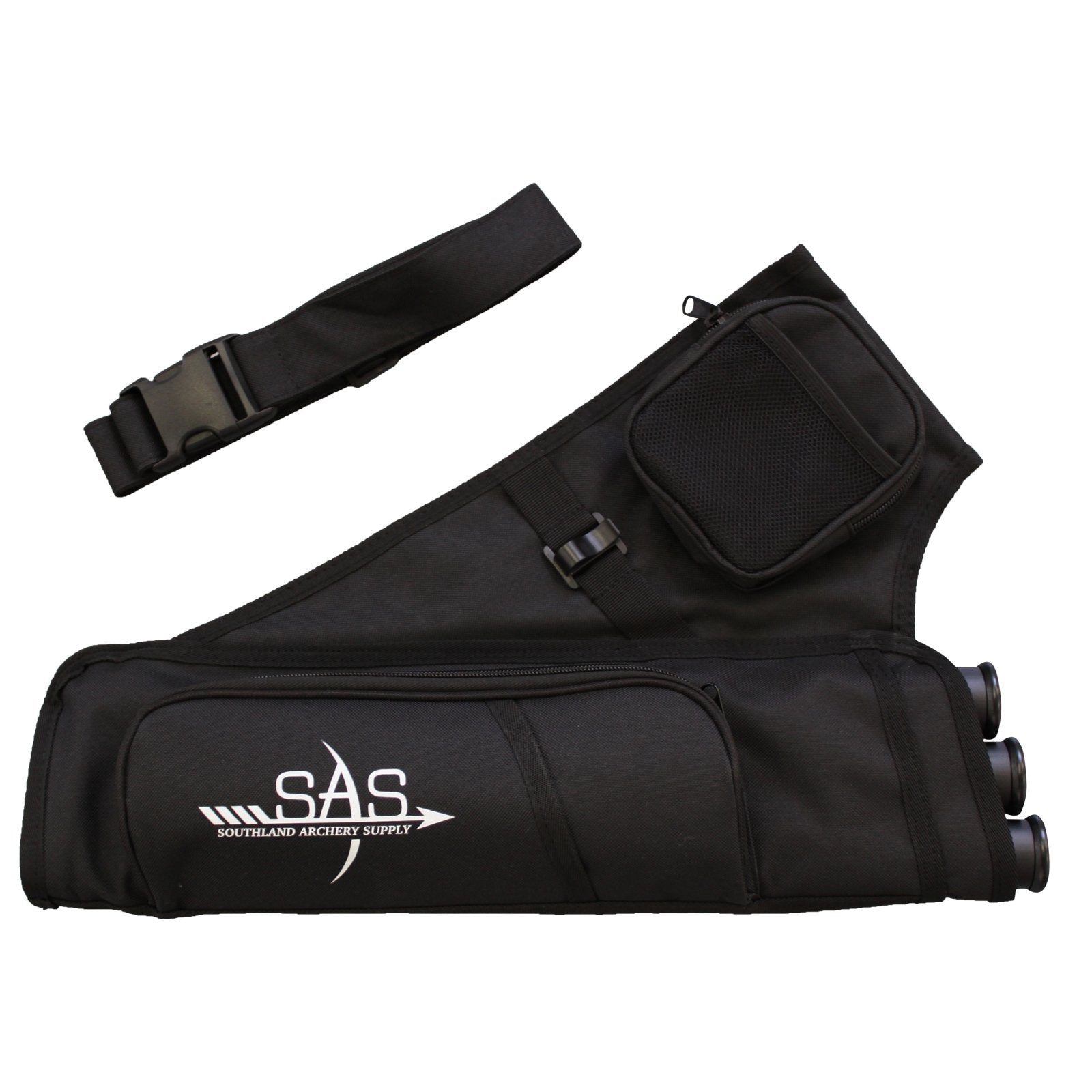 SAS Tube Archery Arrow Target Quiver with Two Zipped Pockets, One Binocular Pocket and Adjustable Waist Strap (3-Tube, Black)