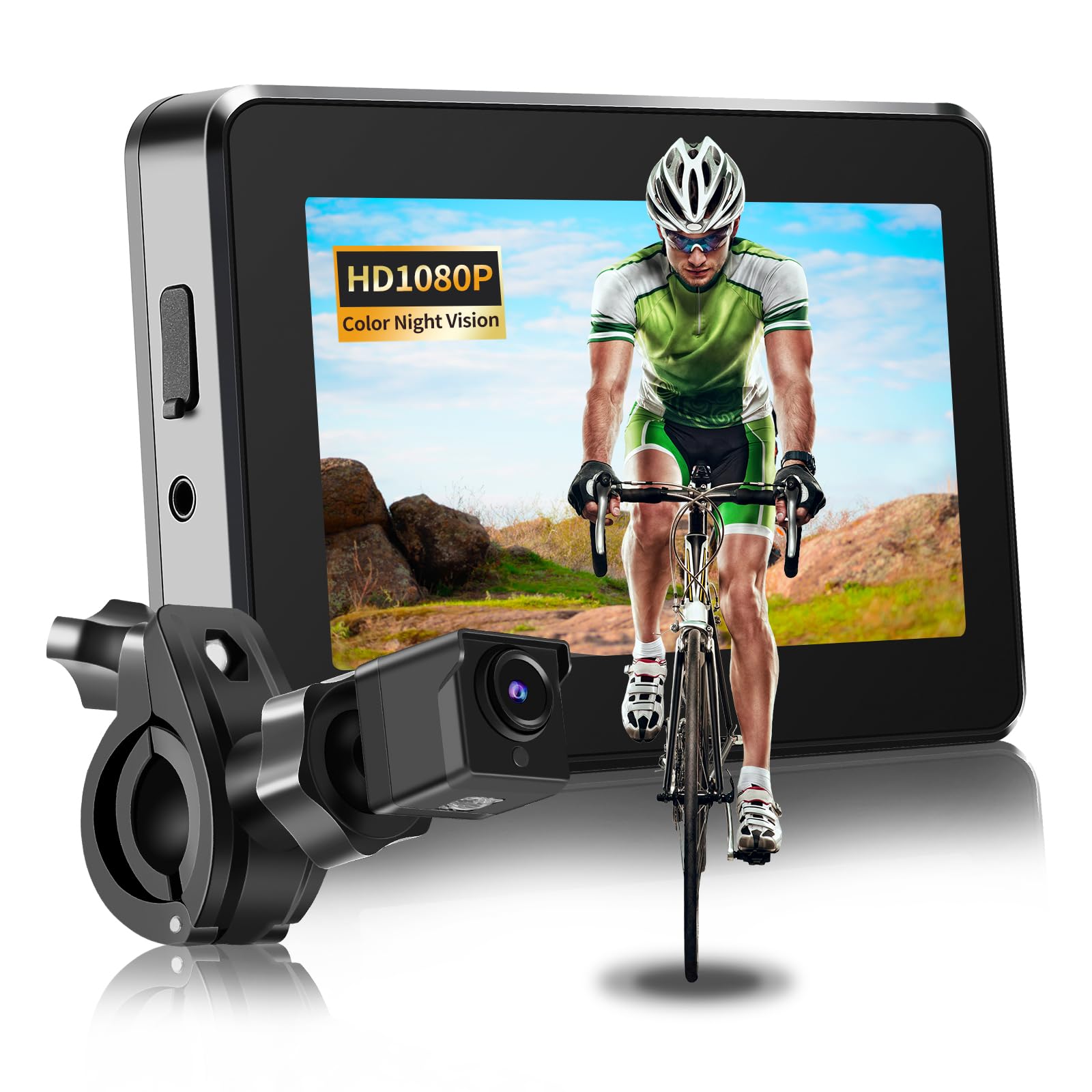 Bike Camera Rechargeable Battery 360 Rotation - 3 Mins Easy Install Handlebar Bicycle Camera With Rear View Monitor Color Night 