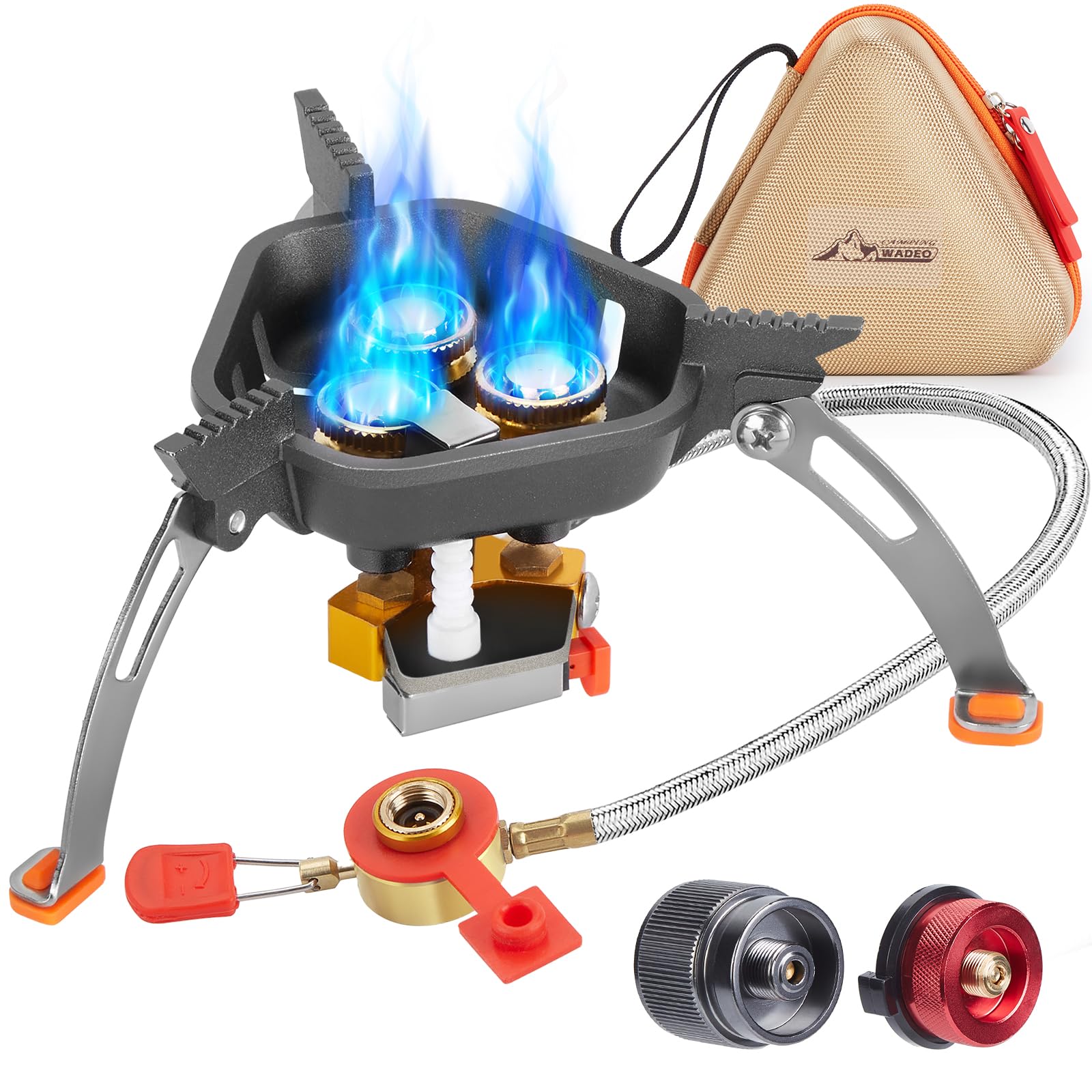 Wadeo 7200W Windproof Camping Stove, Camping Gas Stove With Piezo Ignition, Two Fuel Canister Adapter, Carry Case, Portable Stov