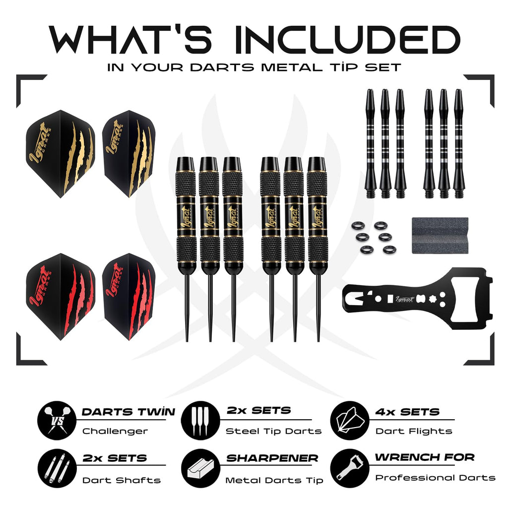 Ignatgames Darts Metal Tip Set - 6 Pcs Professional Brass Steel Tip Darts With Twinforce Shafts, 16 Pcs Thick Flights + Custom D