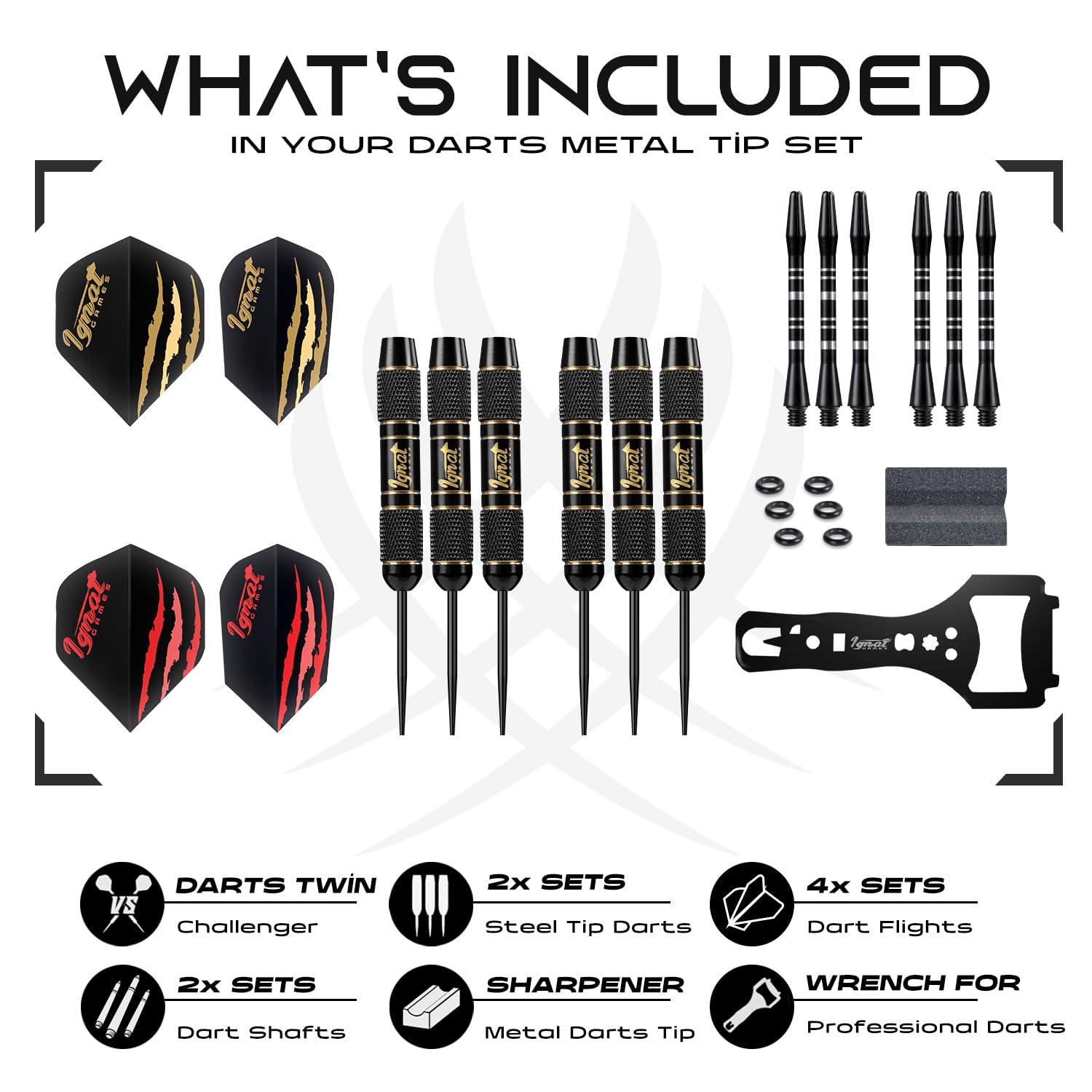 Ignatgames Darts Metal Tip Set - 6 Pcs Professional Brass Steel Tip Darts With Twinforce Shafts, 16 Pcs Thick Flights + Custom D