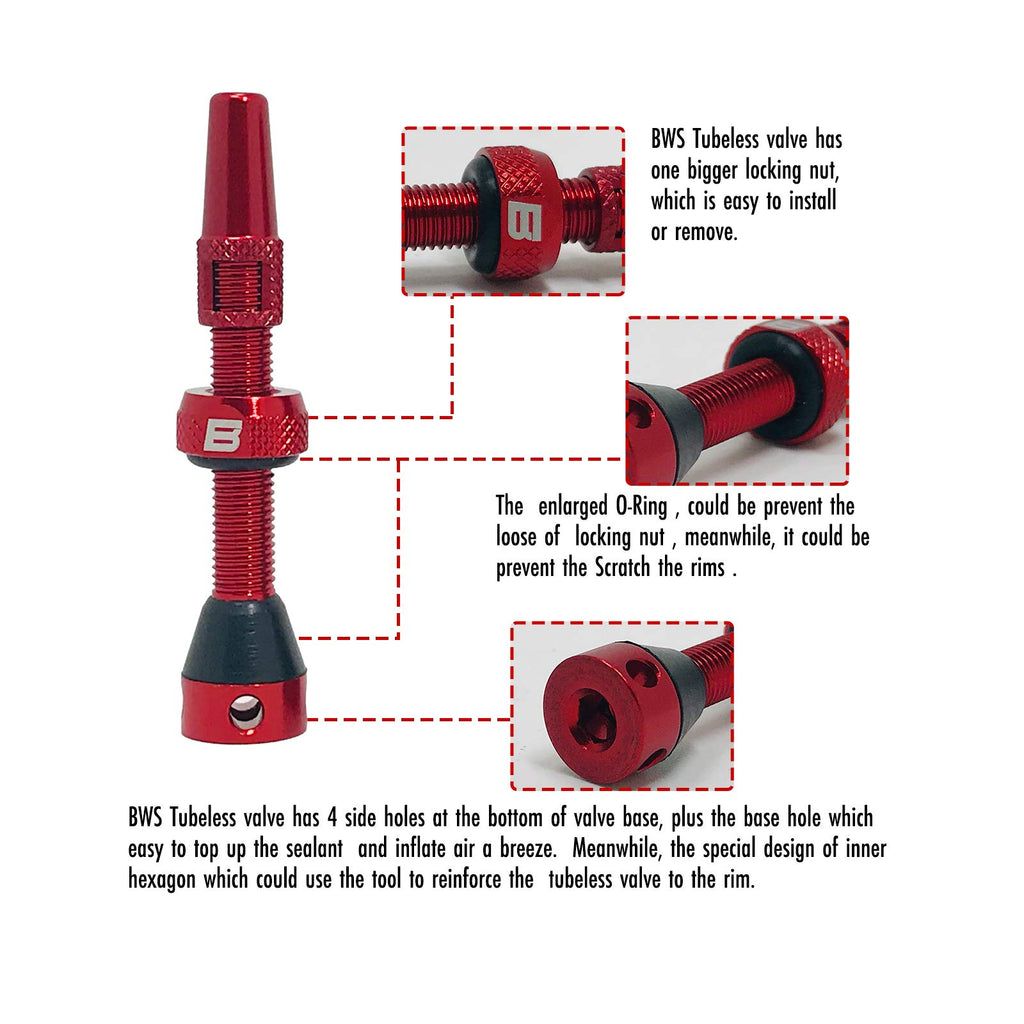 Bwshlf Red Tubeless Presta Valve Stem 40Mm  44Mm, Super Light Alloy Presta Valve Stem Kit With Valve Core Remover Tool And Valve