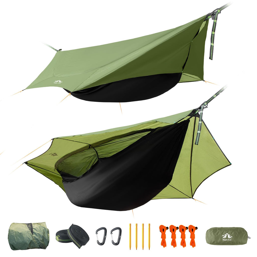 Night Cat Camping Hammock Tent: Lightweight Portable 4 In 1 Hammock With Rain Tarp And Mosquito Net For Hiking Jungle Outdoor Gr