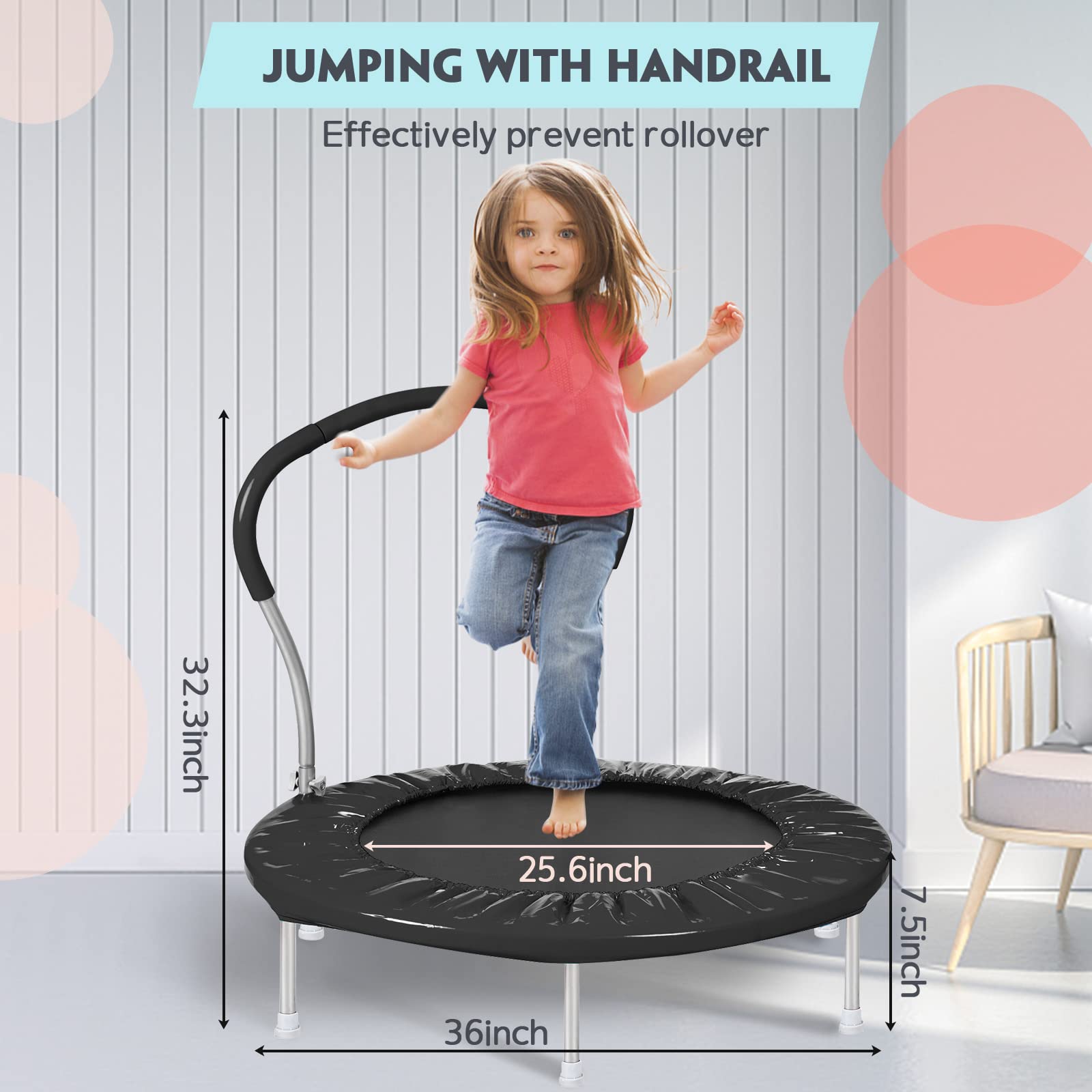 Lyromix 36Inch Kids Trampoline for Toddlers with Handle, Indoor Mini Rebounder Trampoline for Kids, Dark Black