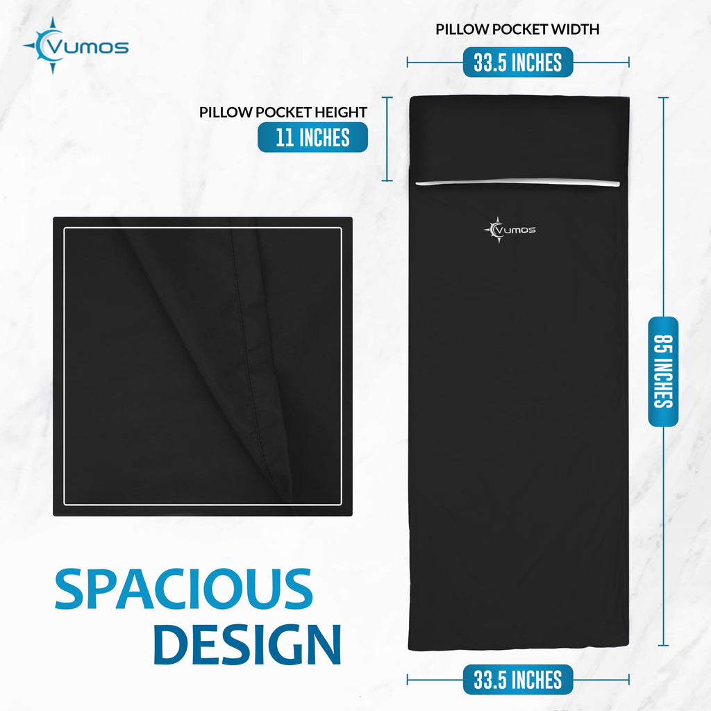 Vumos Sleeping Bag Liner And Camping Sheet - Silk Like Material For Travel - Has Full Length Zipper - Black