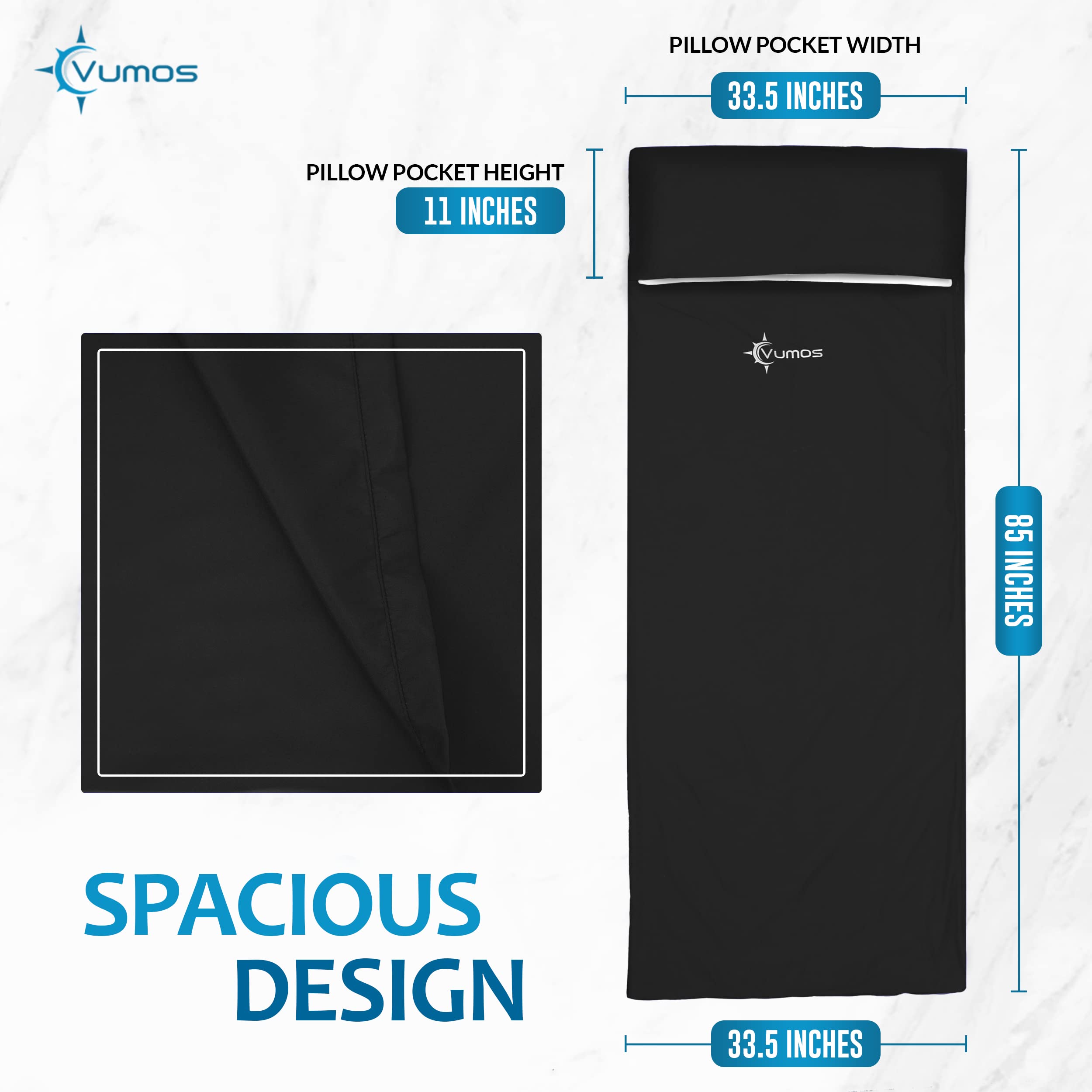 Vumos Sleeping Bag Liner And Camping Sheet - Silk Like Material For Travel - Has Full Length Zipper - Black