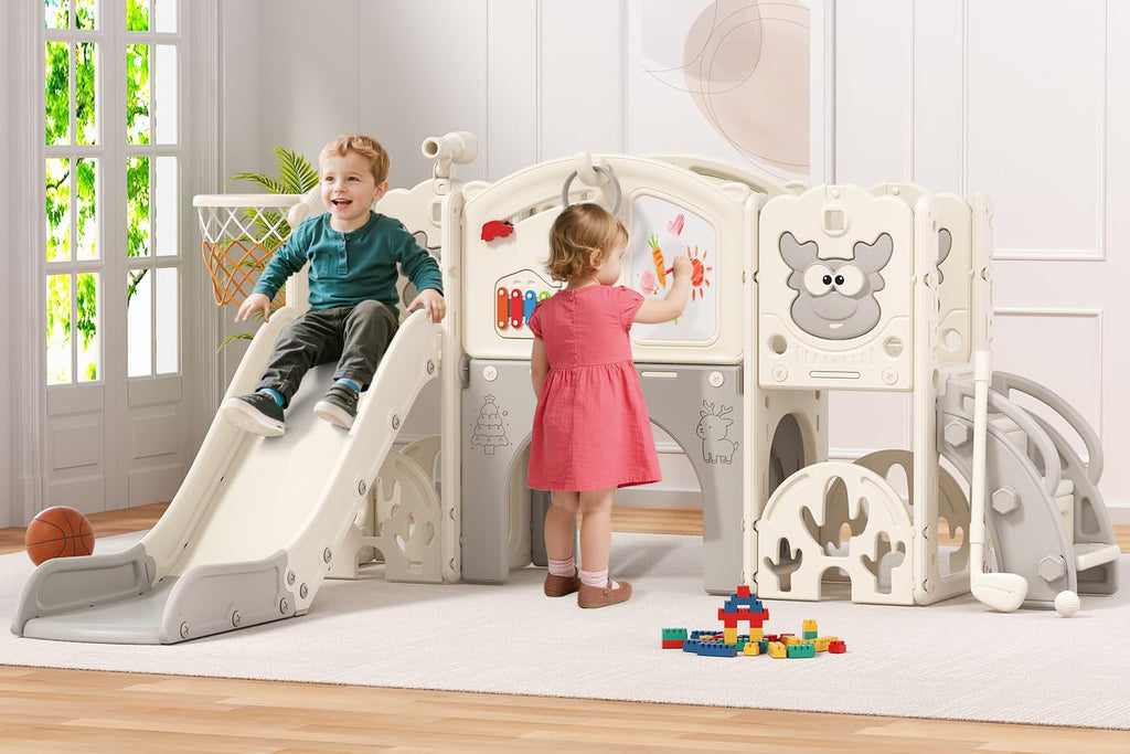 BIERUM Toddler Slide Set with Basketball Hoop, Golf Game & Drawing Board, 13-in-1 Indoor Outdoor Toddler Slides Playground for K