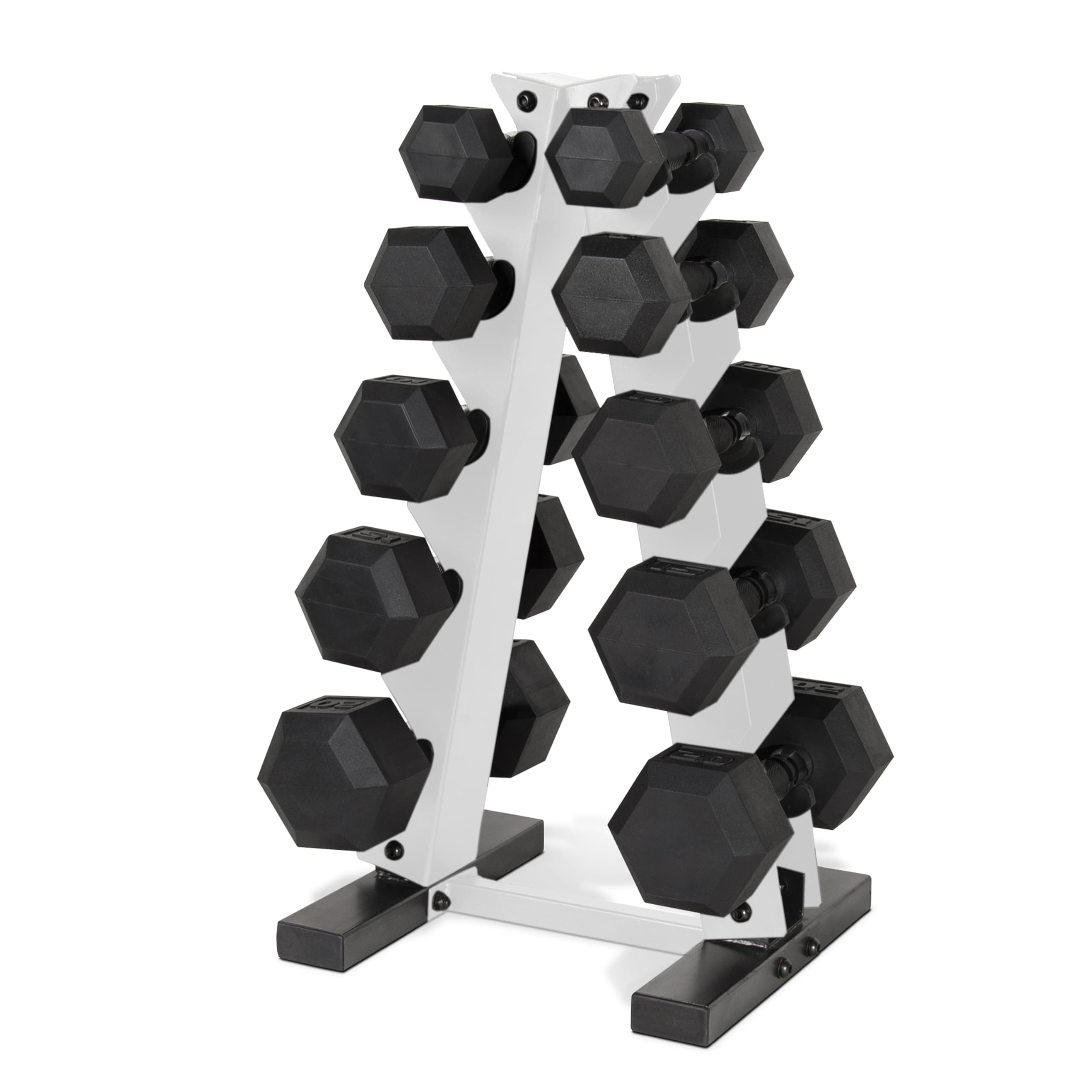 CAP Barbell 150 LB Black Handle Coated Hex Dumbbell Set with Vertical White Rack