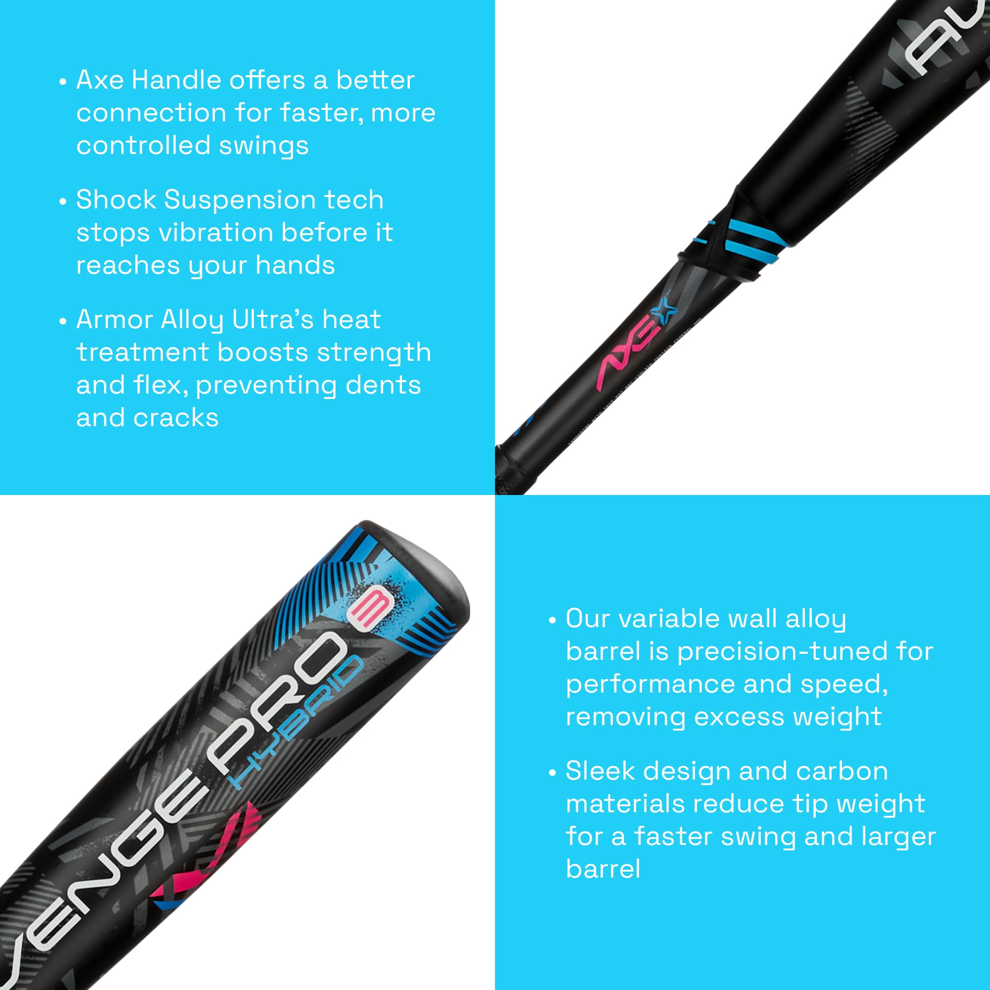 Axe | Avenge Pro 3 Hybrid | Usa Baseball Bat | Drop -10/-8/-5 | 3-Piece Hybrid | 2 5/8'' Barrel | Black/Blue/Pink (Pro Standard
