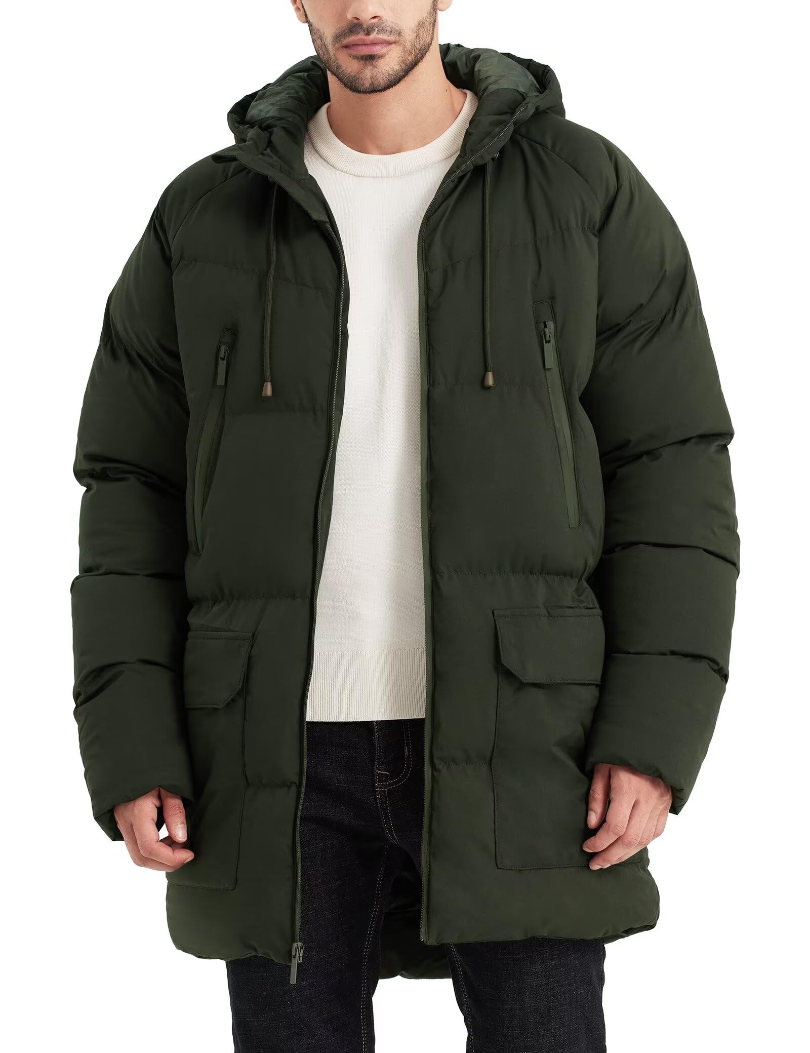 Rejork Men s Long Winter Coat Hooded Warm Quilted Jacket Water-resistant Cold Weather Parka Army Green S