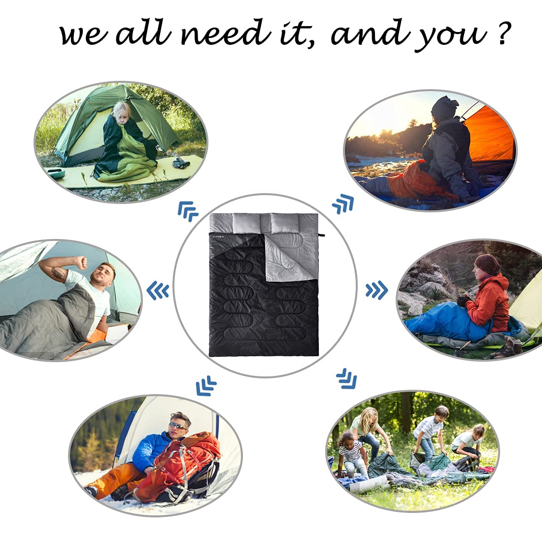 Tuphen Double Sleeping Bag With 2 Pillows, Queen Size Xl Bag For 2 People, Cold Warm Weather- 3 Seasons, Waterproof Adults Sleep