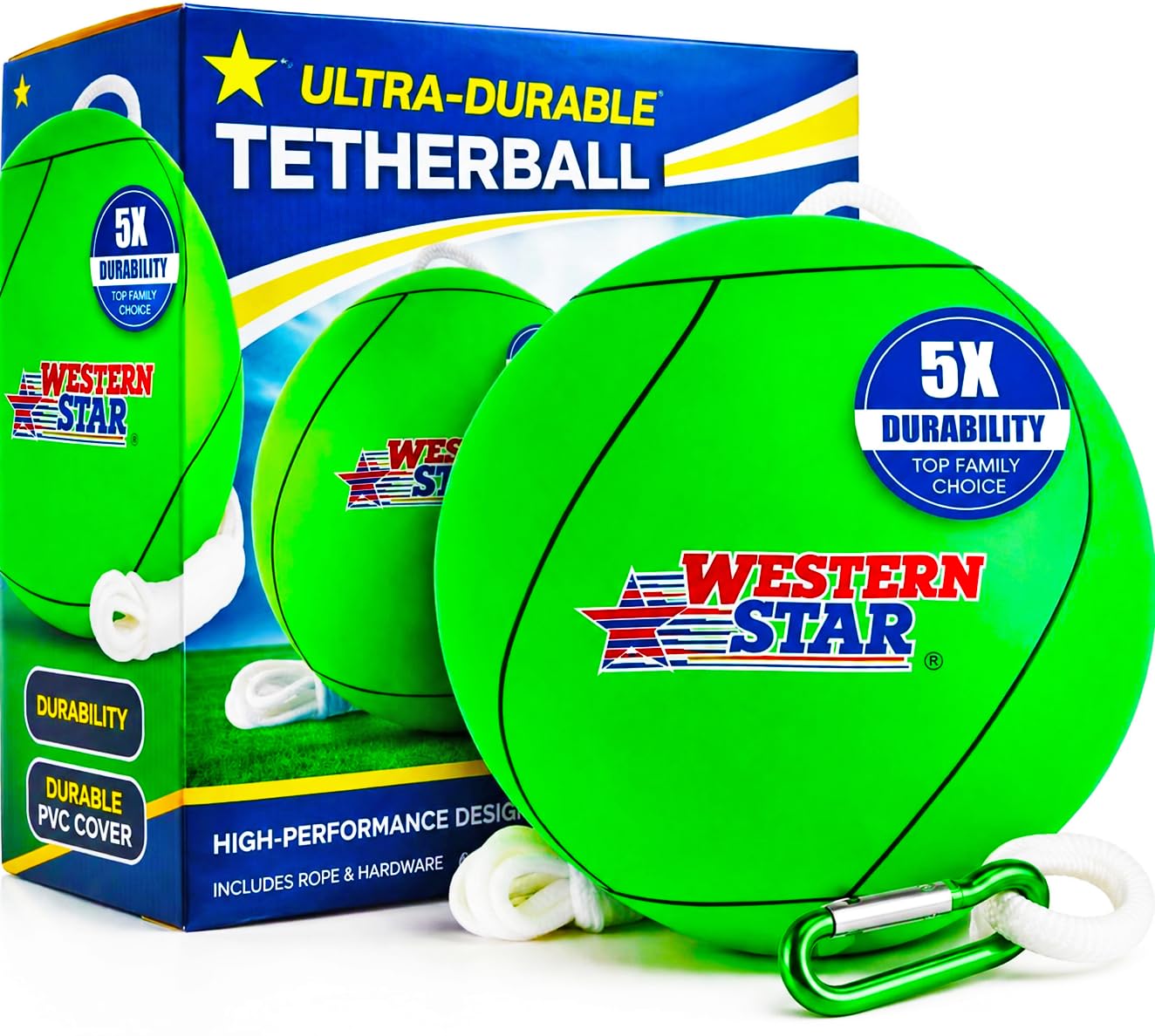 Western Star Tetherball Game Set - Soft-Touch Tether Ball with 2 Reinforced Attached Ropes - Outdoor - 4 Colors - Classic Family