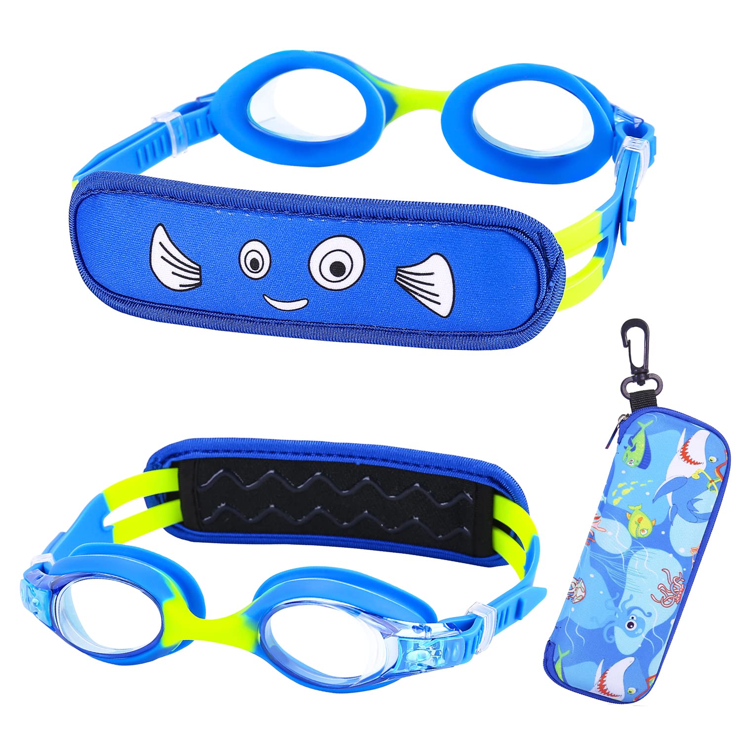 RUIGAO Kids Swim Goggles Age 2-6, Toddler Goggles No Hair Pull,UV Protection/Anti Fog/Padded HeadBand (1PK Kids -Blue Fish)