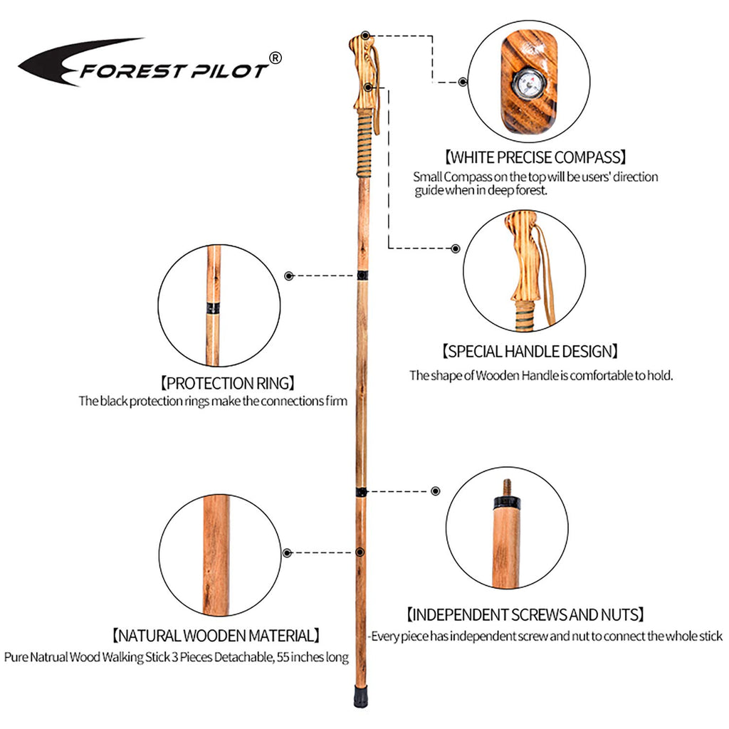Forest Pilot 3 Pieces Detachable Hardwood Walking Stick Pine Handle With Compass (Nature Color, 55 Inches, 1 Piece)