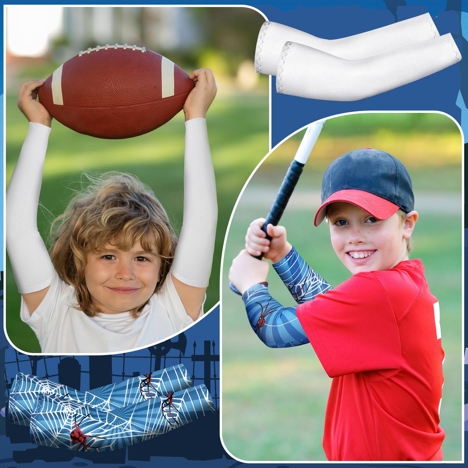 Newcotte 12 Pairs Arm Sleeves For Kids Compression Football Baseball Youth Uv Protection Breathable Cooling Sleeve (Spider,10-14